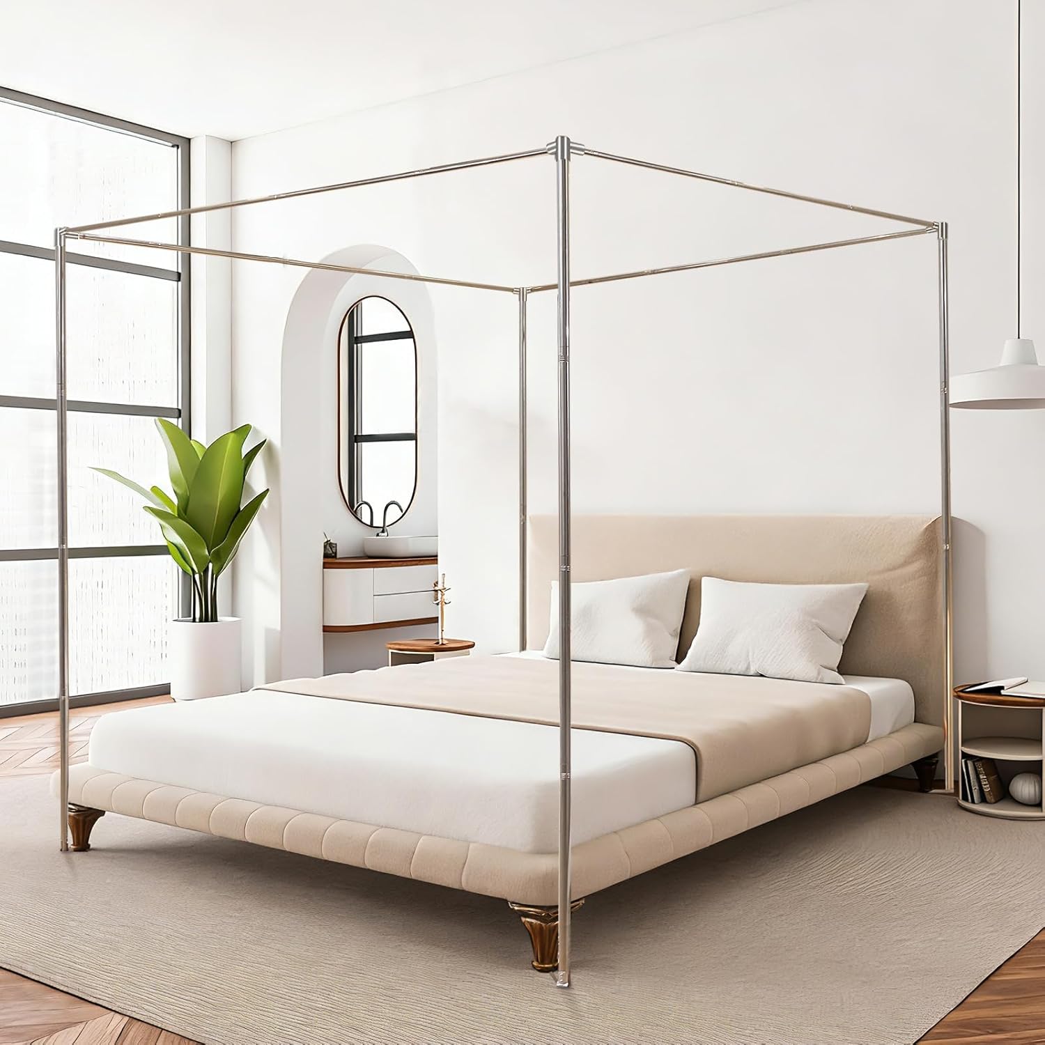 Canopy Bed Frame King Size, Stainless Steel Metal Bed Post Poles, Heavy Duty 4 Poster Floor Bedframe, Freestanding Easy Assemble