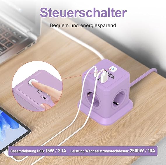 FDTEK Lila Steckdosenwürfel mit USB C 7-in-1 Würfel Mehrfachsteckdose 4 Fach Mehrfachstecker mit Schaltbar 2500W/10A 2 USB-A und 1 USB-C Tragbar Cube Steckdosenleiste für Büro Hause 18M Kabel