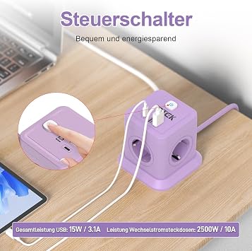 FDTEK Lila Steckdosenwürfel mit USB C 7-in-1 Würfel Mehrfachsteckdose 4 Fach Mehrfachstecker mit Schaltbar 2500W/10A 2 USB-A und 1 USB-C Tragbar Cube Steckdosenleiste für Büro Hause 18M Kabel