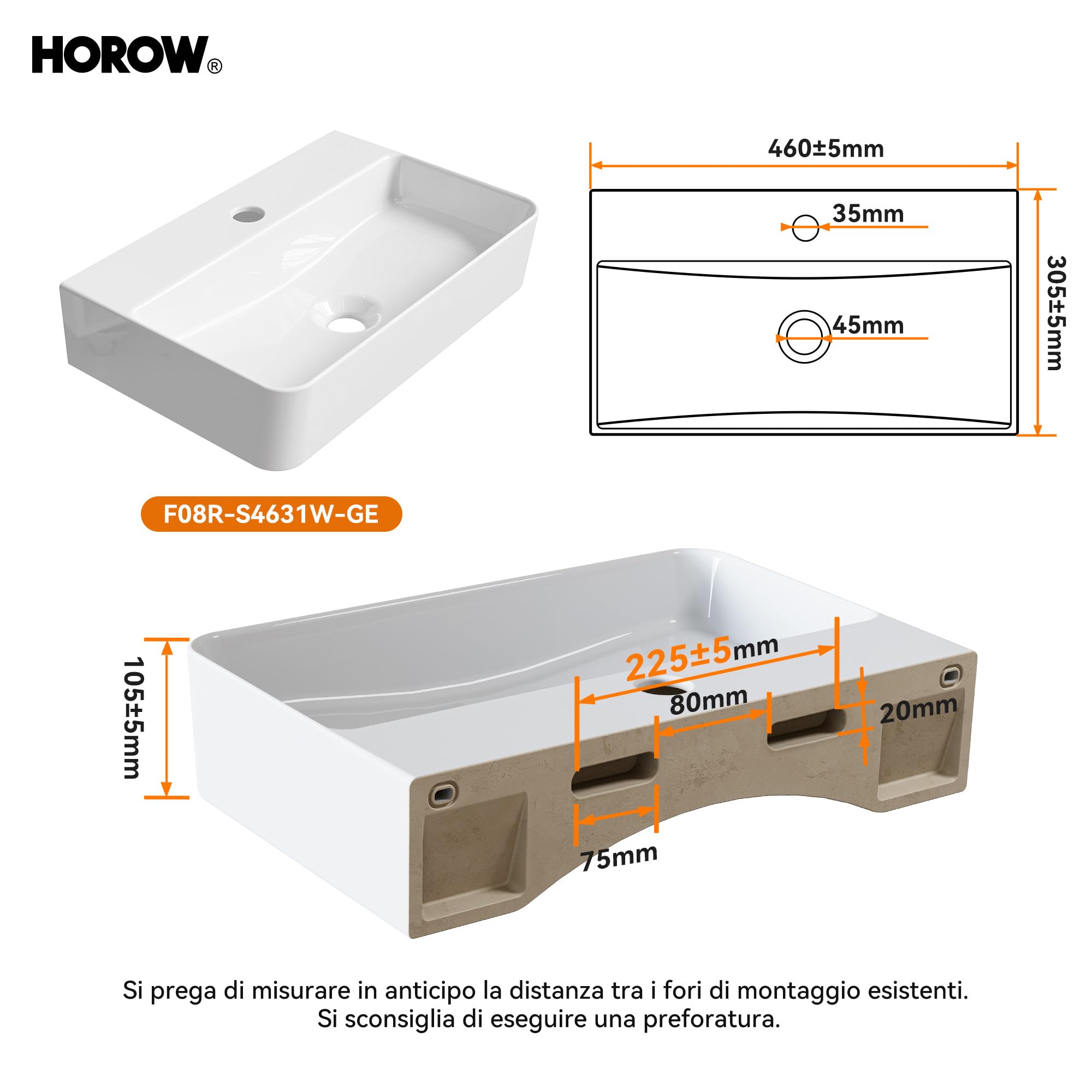 HOROW Lavabo a parete sospeso in ceramica bianco, rettangolare, 46 x 30 cm, lavandino con foro per rubinetto senza troppopieno, piccolo lavandino per ospiti | Lavabo sospeso, rettangolare, con foro per rubinetto senza troppopieno, 46 x 30 cm