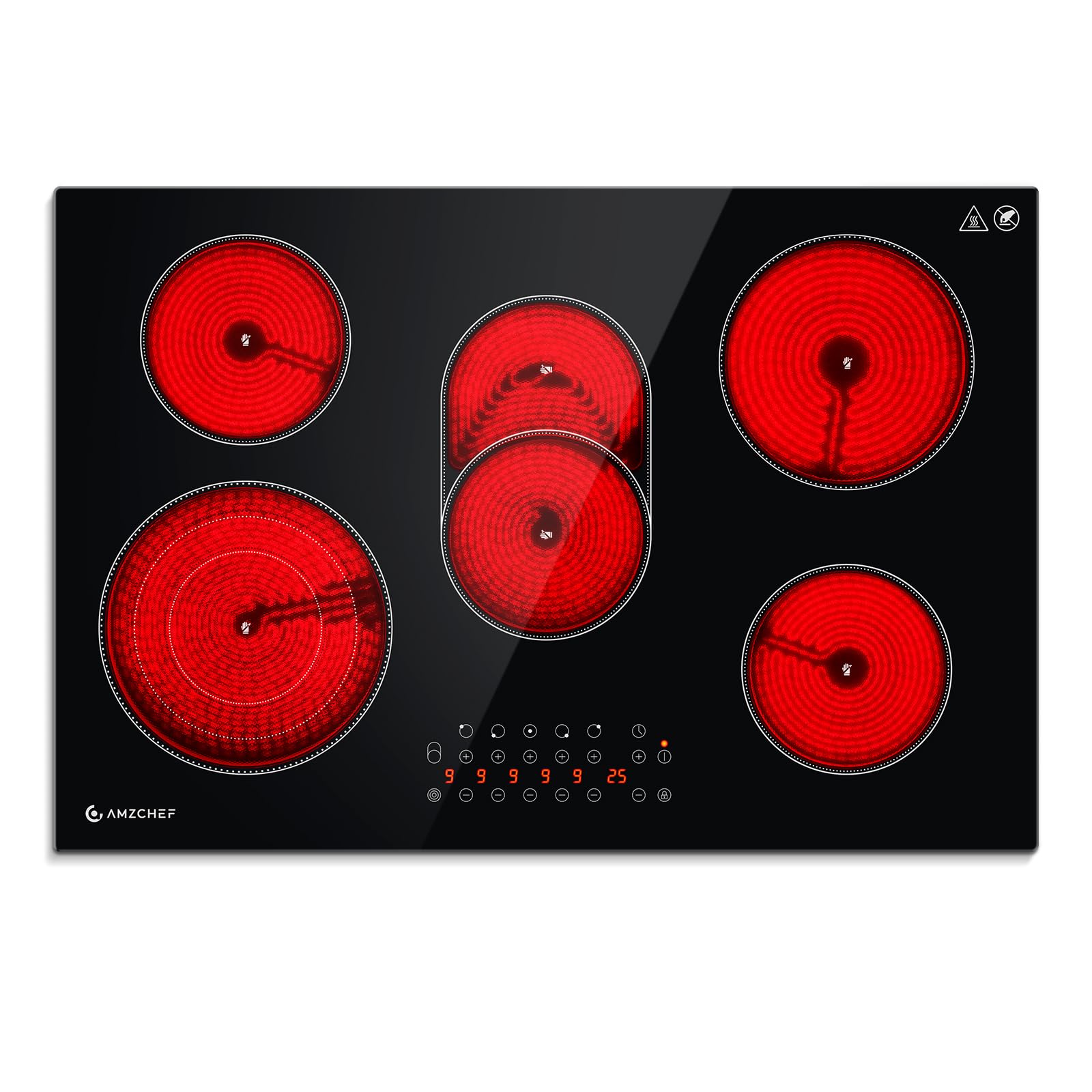 AMZCHEF Glaskeramikkochfeld 5 Zonen, Einbau Keramikkochfeld 77CM mit Ovale Zone und Dreierzone, 9 Leistungsstufen, Zeitschaltuhr, Sicherheitsschloss, Überhitzungsschutz, 8500W