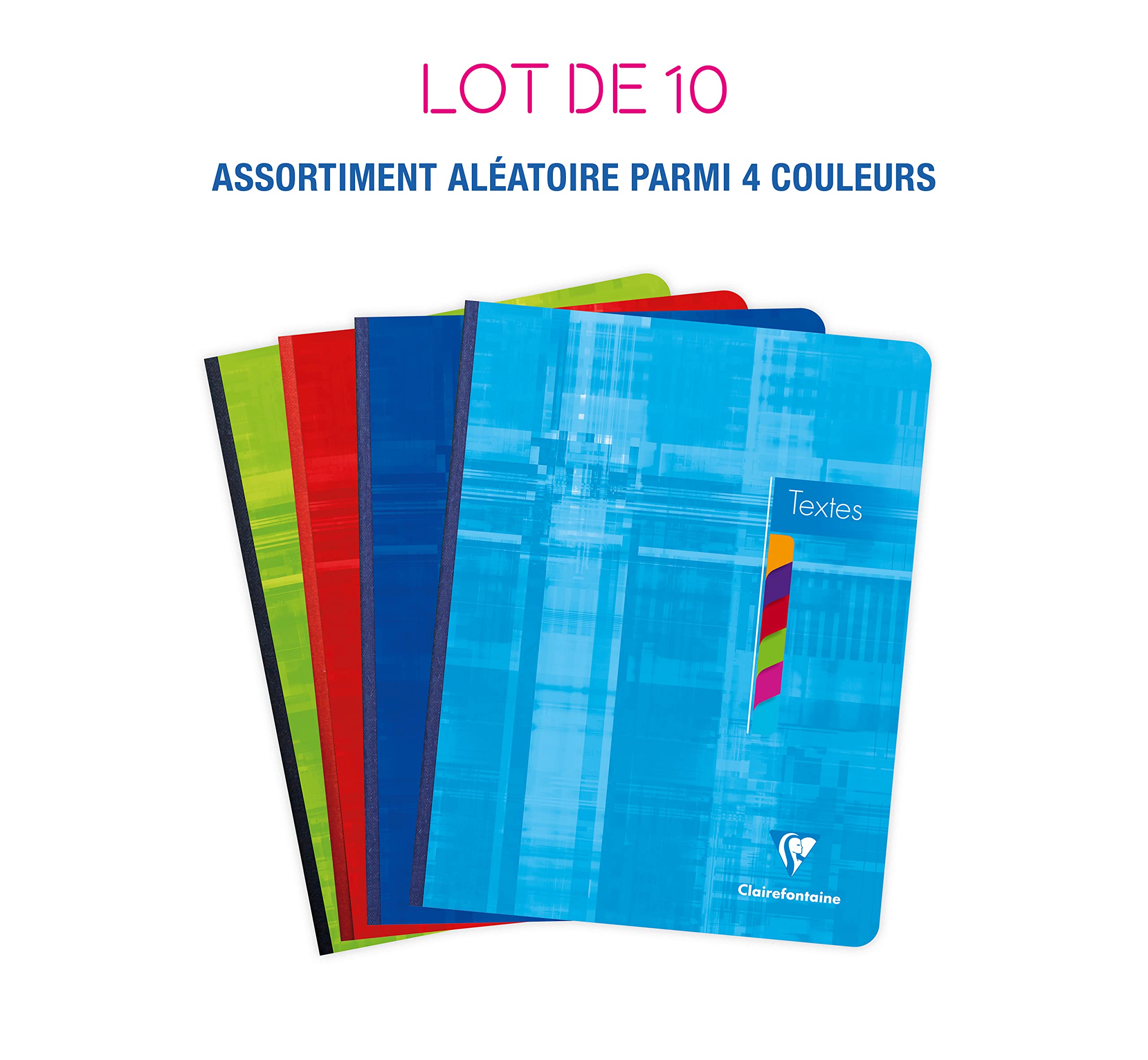 Clairefontaine 9626C - Packung mit 10 Hausaufgabenheften, Rücken geleimt, 17x22cm, 72 Blatt, französische Lineatur, 90g, farbig sortiert, 1 Pack