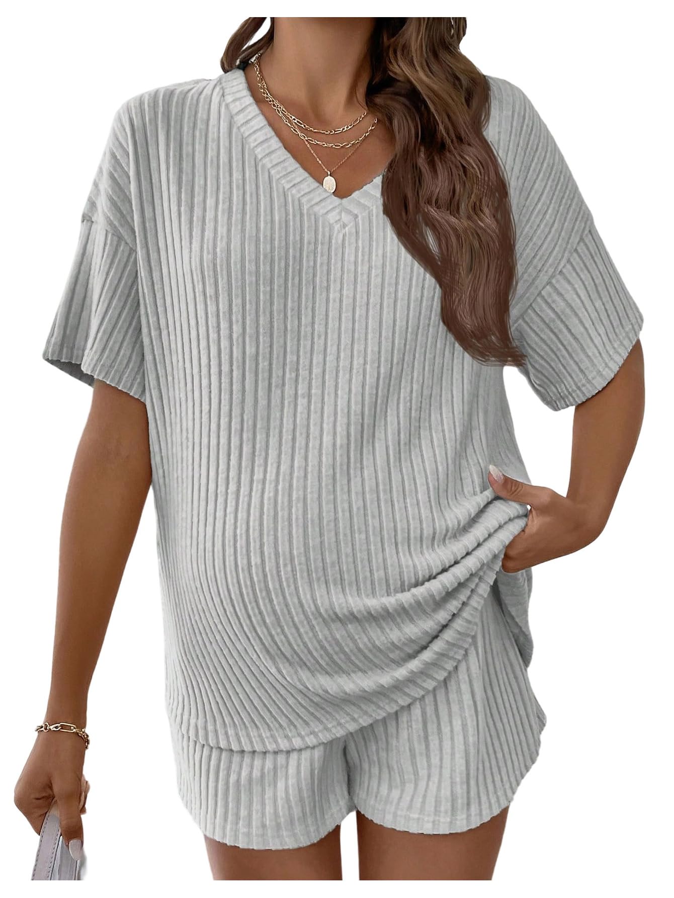 MakeMeChic Women's Maternity 2 Piece Sets Ribbed Shirt and Biker Shorts