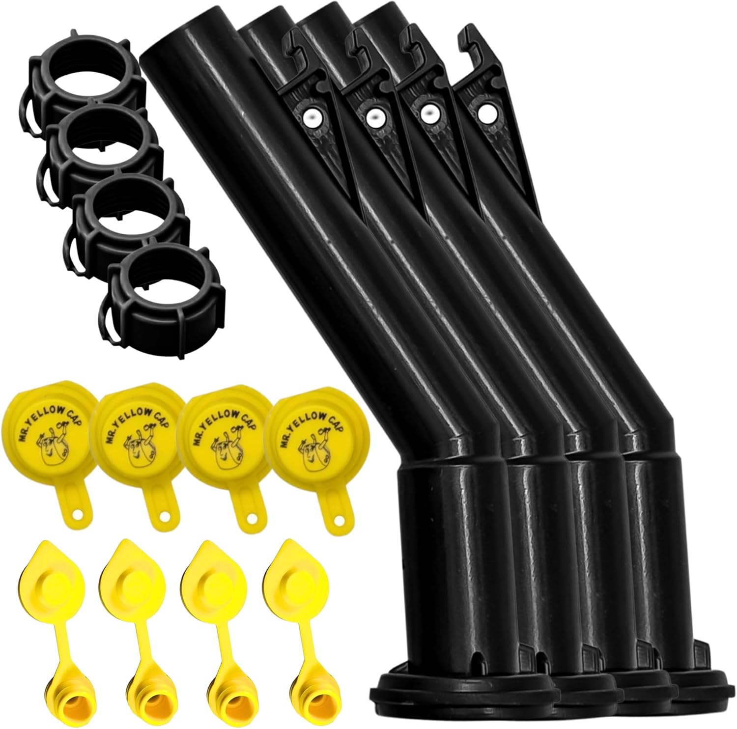 Mr Yellow Cap Gas Can Spout Replacement Old Style For 𝐎𝐥𝐝 𝐒𝐭𝐲𝐥𝐞 𝐁𝐥𝐢𝐭𝐳 𝐂𝐨𝐧𝐭𝐚𝐢𝐧𝐞𝐫𝐬 𝐎𝐍𝐋𝐘 - 4 Can Nozzle Replacement, 4 Thread Rings, 4 Gas Caps, & 4 Gas Vents, Fuel Can Spout Replacement, Gas Tank Nozzle