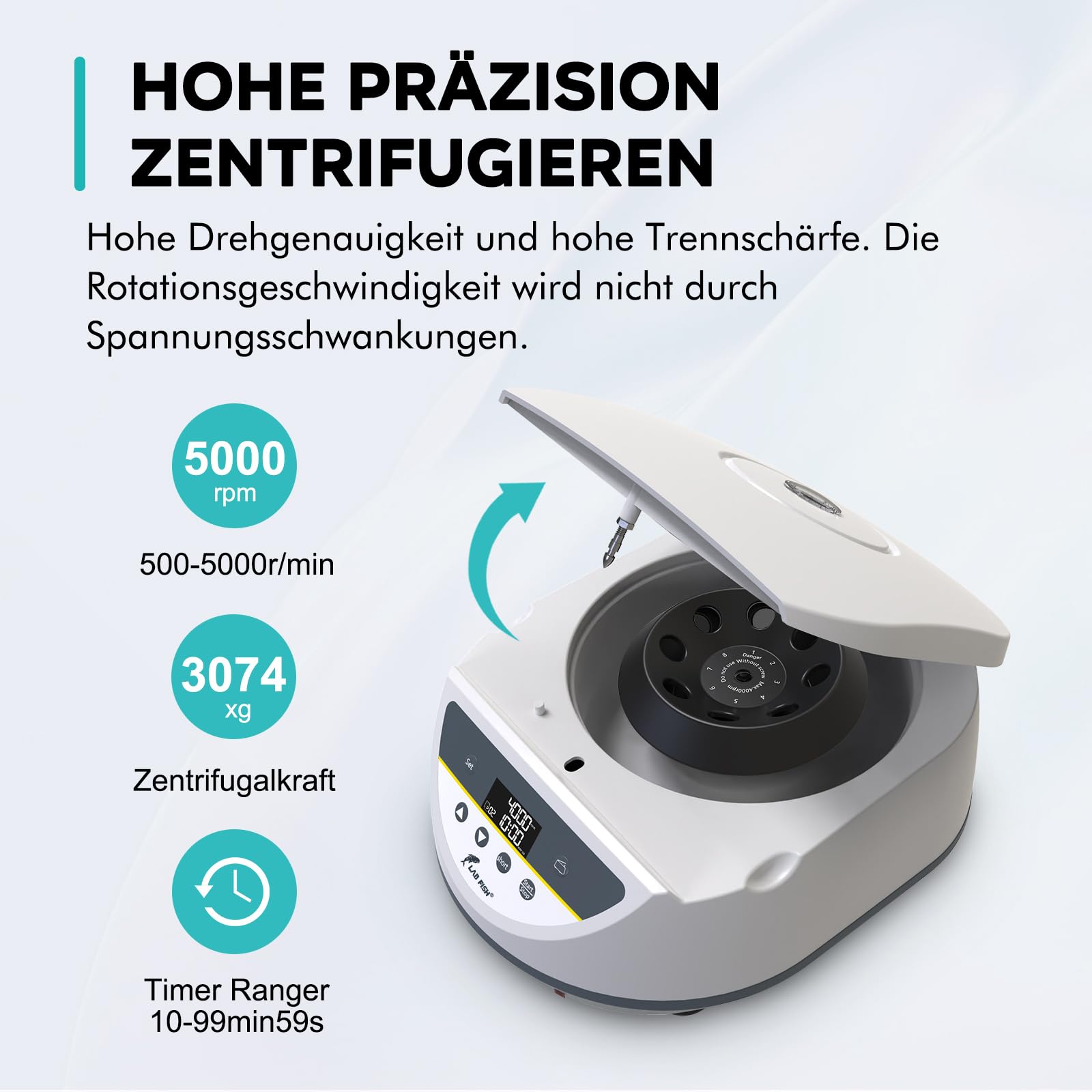LAB FISH Labor Zentrifuge für 2ml 5ml 10ml 15ml Röhrchen, 500-5000 U/min Niedrigtourig, Max. 3074xg, 8-fach Rotor, Ideal für PRP/PRF