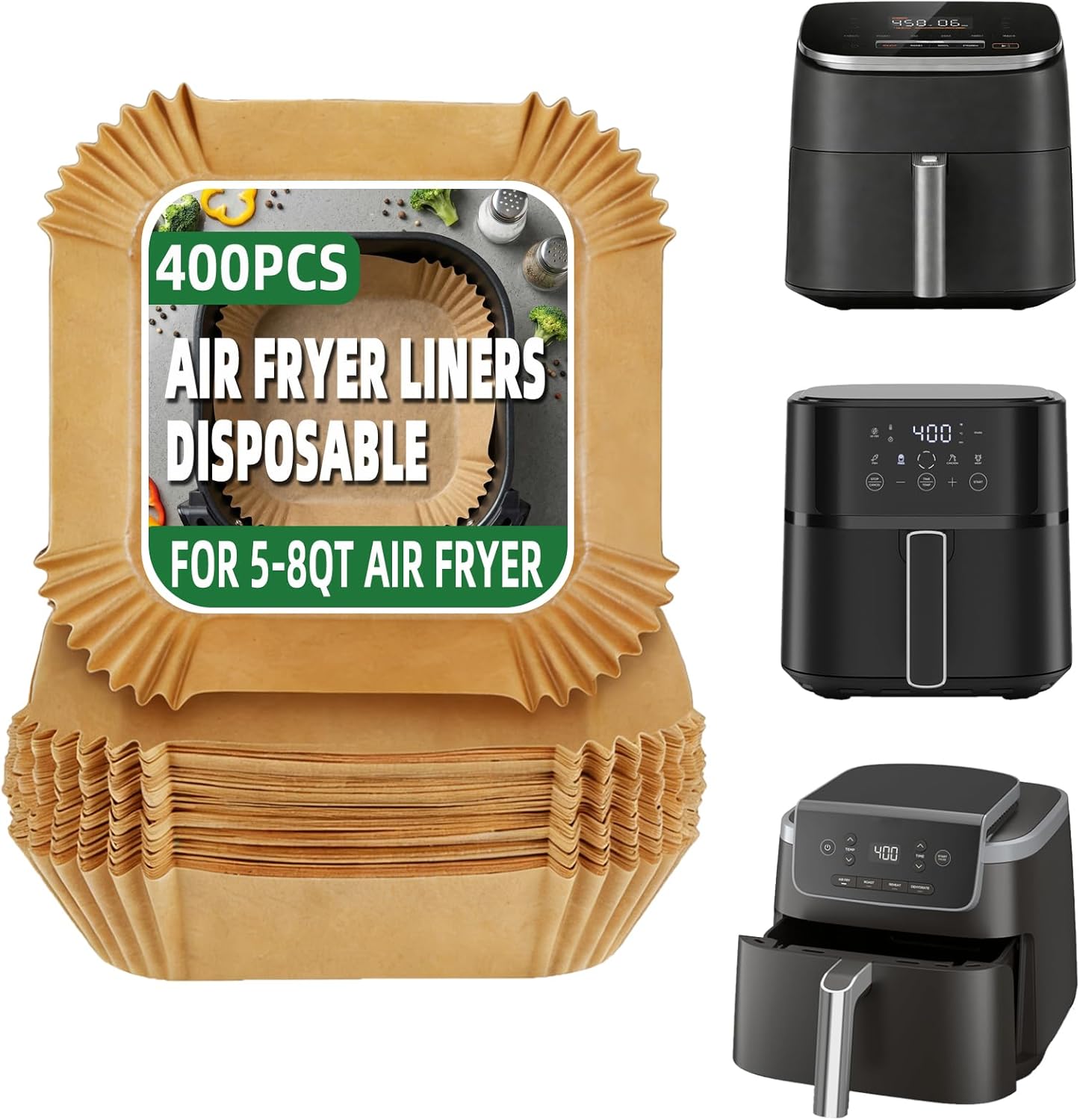 400Pcs Air Fryer Liners Disposable,8" Square Food Grade Air Fryer Paper Liners,Non-Stick Parchment Paper Liners for Ninja AF141 5 QT Pro AF181 6.5QT,Cosori Chefman 6 QT &Other 5 to 8Qt Airfryer