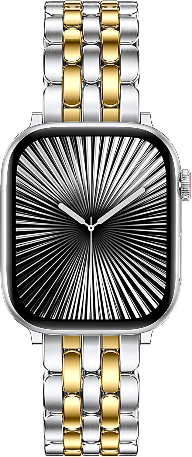 toyouths designer vintage dressy bracelet for apple watch band women 42/40/41/38/44/45/46/49mm, stainless steel elegant luxury metal strap for iwatch series 11 10 9 8 7 6 5 4 se/ultra 3 2 1 silver gold-brushed&shiny 49/46/45/44/42mm(series 3/2/1)