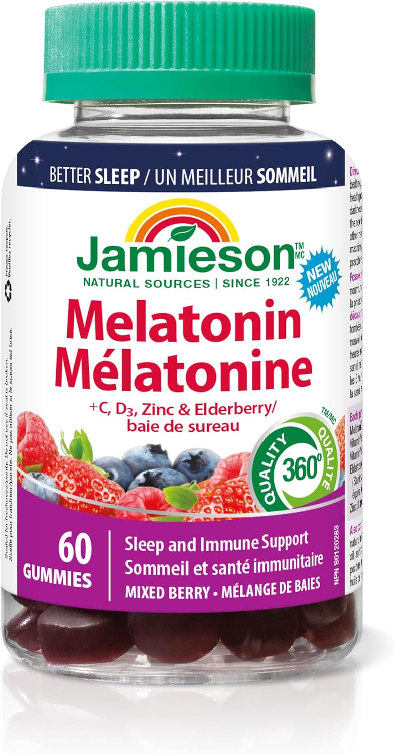 Jamieson Melatonin 5 mg + Immune Gummies Natural Mixed Berry Flavour, with Vitamin C, Vitamin D, Zinc and Elderberry, Helps Improve Sleep Quality, and Supports Immune Health. Non-GMO, Gluten-Free, No Artificial Flavours, Colours, or Preservatives, 60 Count