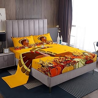 Fall Pumpkin Bed Sheets For Kids Boys Girls Thanksgiving Turkey Sheet Set Twin Size Autumn Harvest Botanical Leaves Fitted Sheet Orange Cartoon Chick Animal Flat Sheet Farmhouse Room Decor