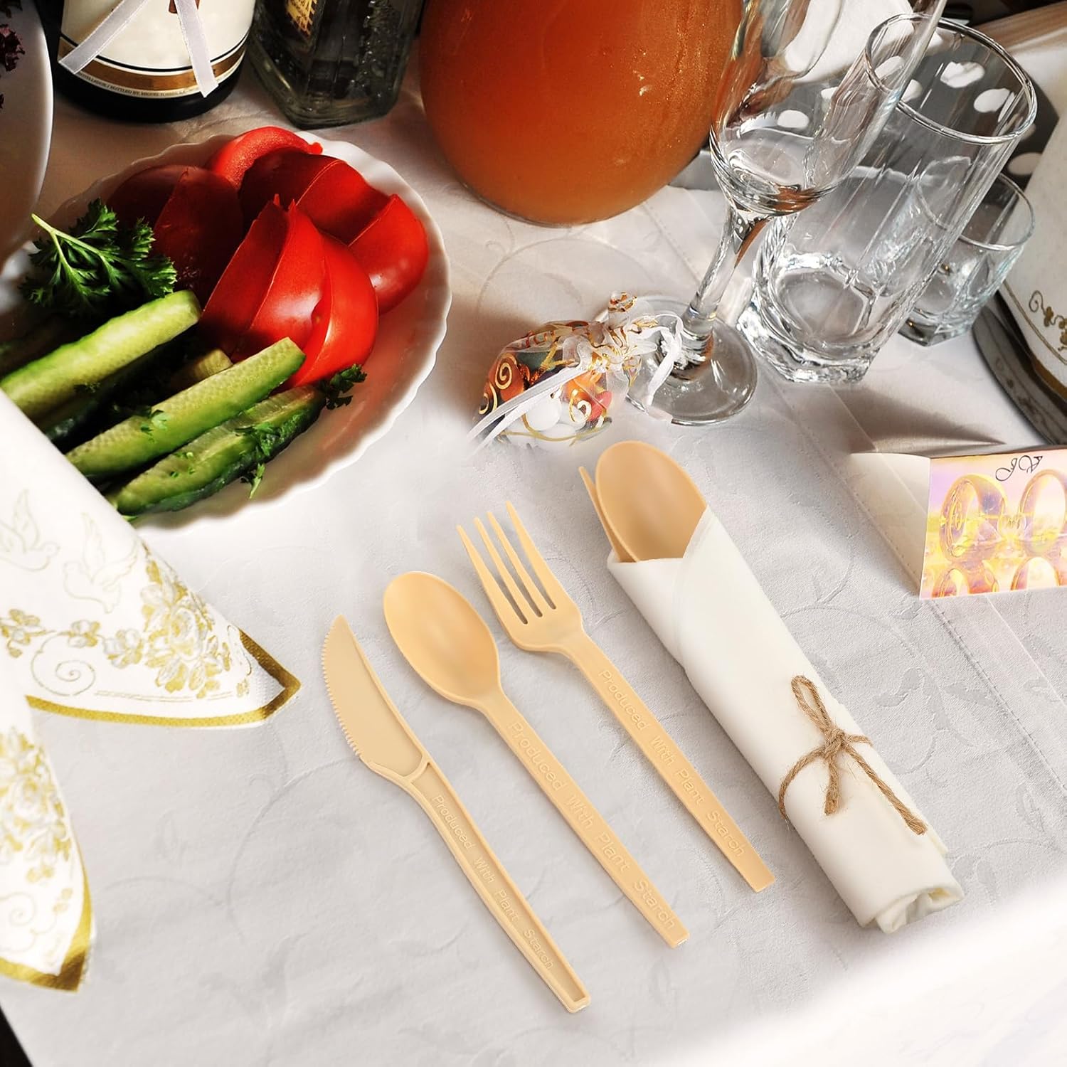 Honeydak Pre Rolled Napkin Cutlery Set 100% Compostable Utensils (200pcs, 50set) 7" Large Disposable Utensils Wrapped Forks Knives Spoons Napkins Cornstarch Silverware Cutlery for Party(Beige)