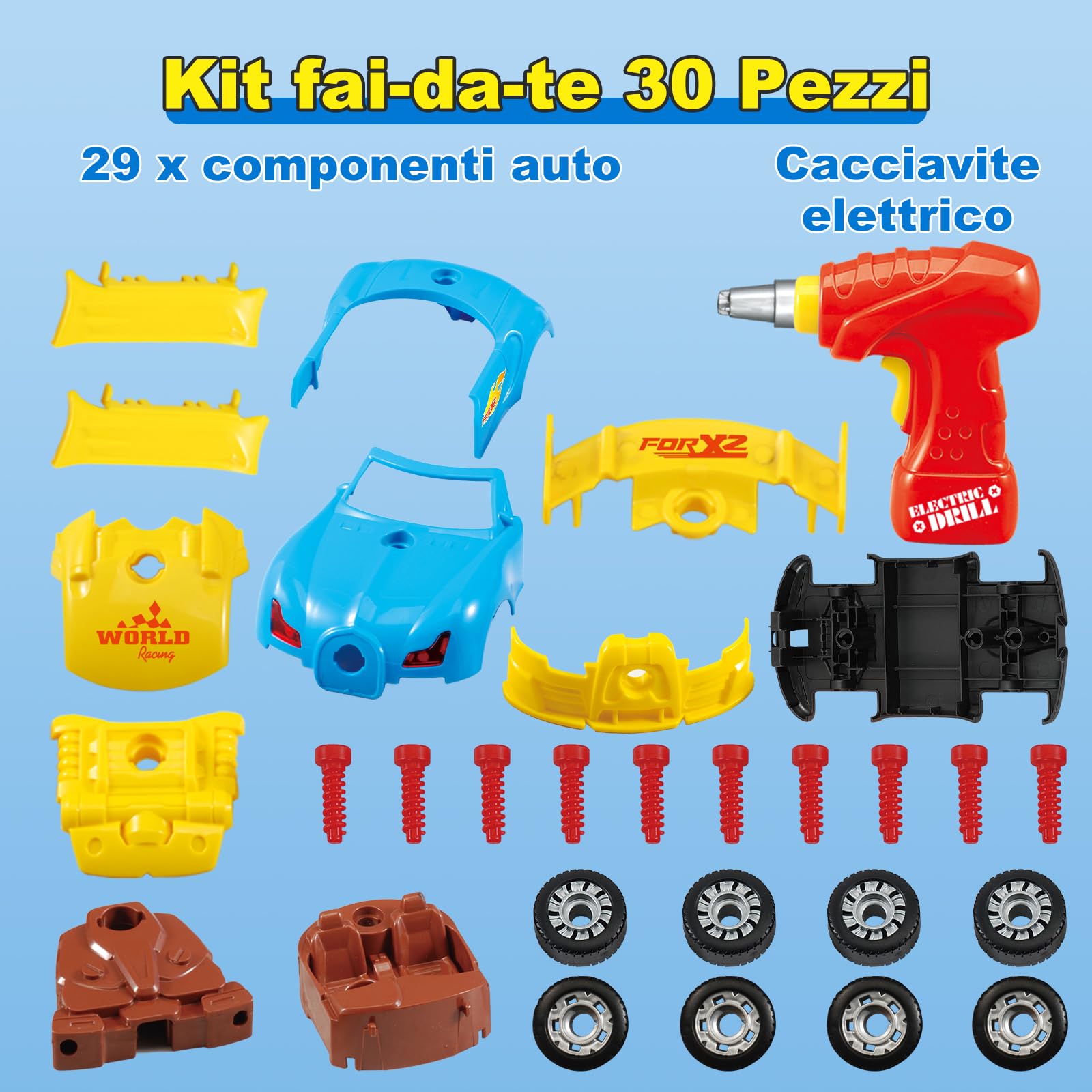 Pup Go Modellini Auto da Costruire per Bambini 3+ Anni, 30 Pezzi con Trapano Elettrico di Simulazione, Suono Realistico e LED, Costruisci Tua Auto Giocattolo, Migliori Regali per Ragazzi (Giallo)