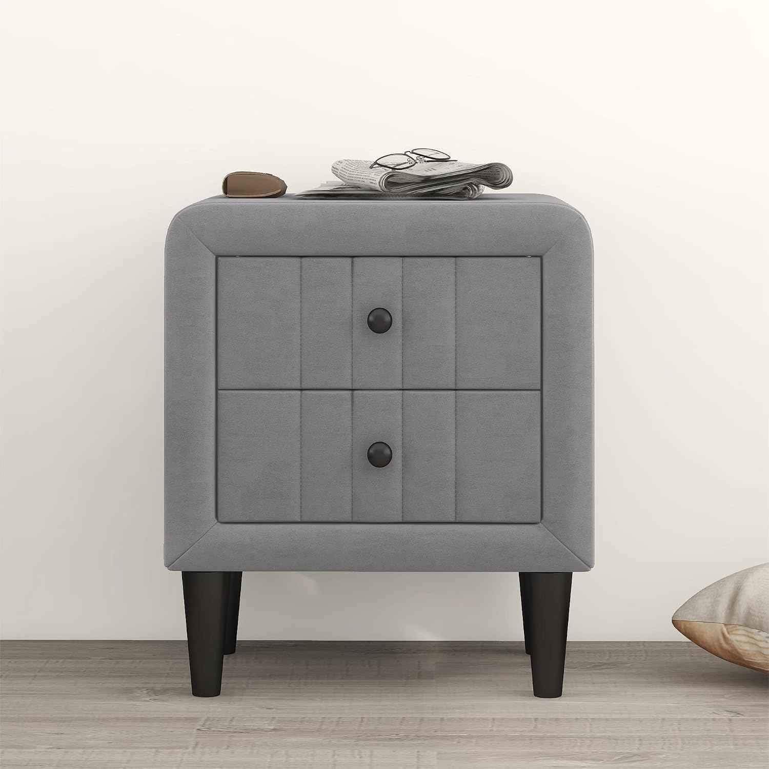 2-Drawer Nightstand Upholstered Bedside Table with Storage Drawers Velvet Fabric End Table for Bedroom, Living Room, Fully Assembled Except Legs&Handles, Gray