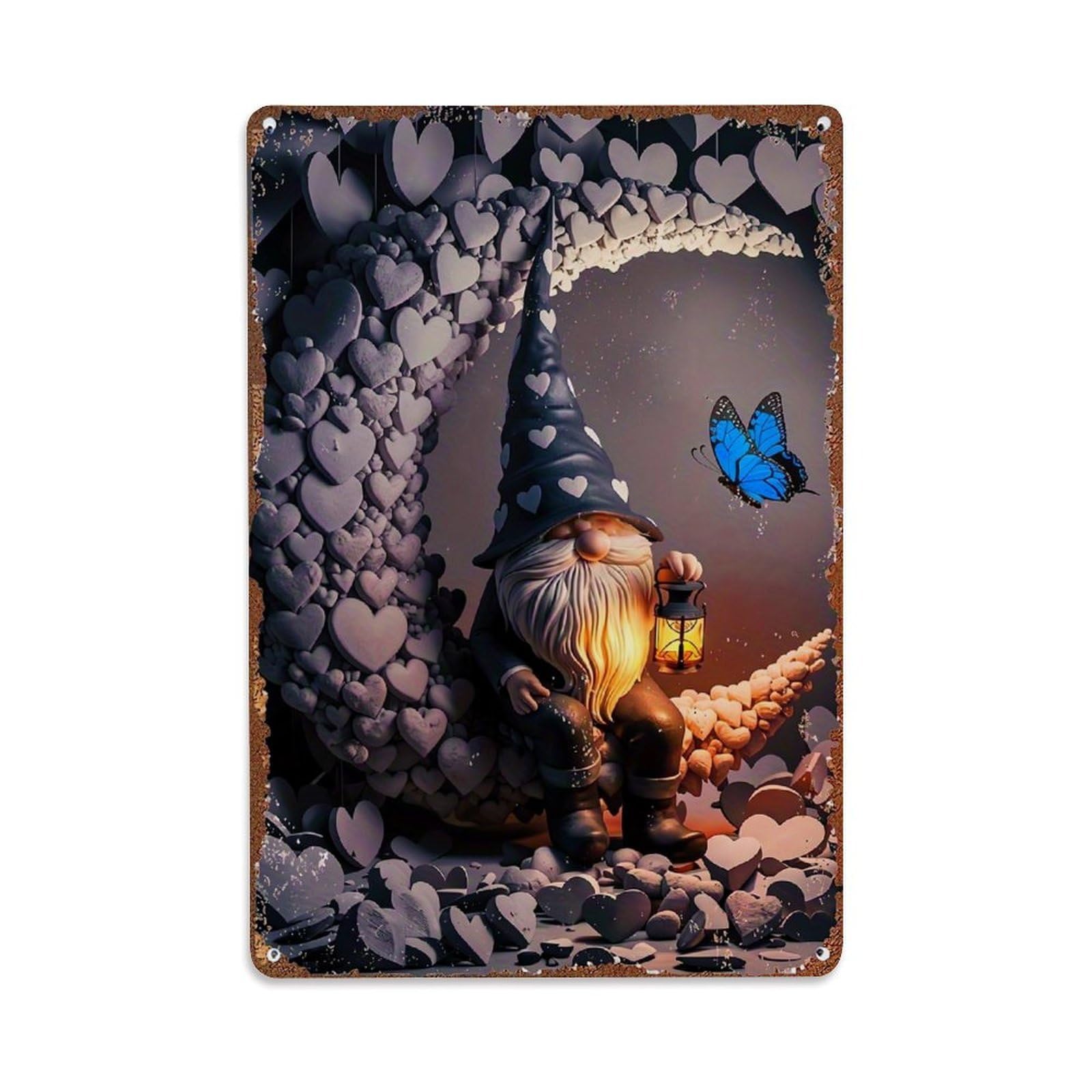 Jdfenggu Vintage Heart Gnome Lantern Butterfly Moon Retro Metal Tin Sign, Decor Art Poster For Bar, Home, Man Cave, Kitchen, Laundry Room Gift 8X12inch