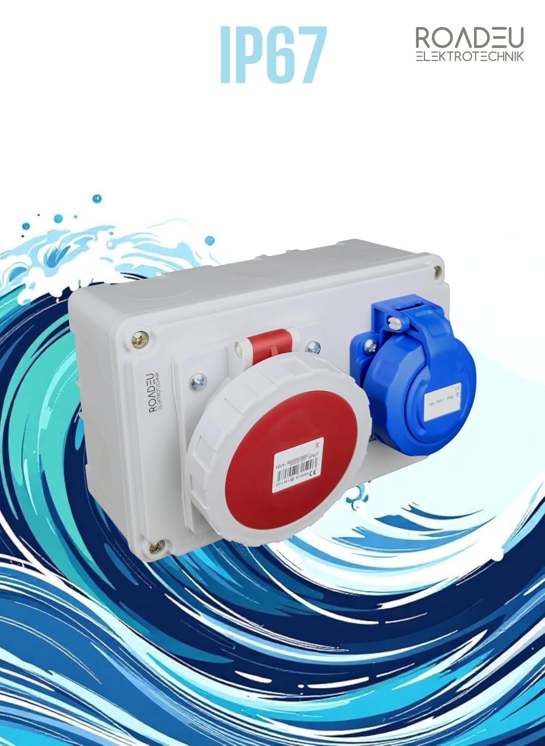 RoadEu – Steckdosenverteiler Schuko 230V + CEE 16A 5-polig, Stromverteiler IP67 Wasserdicht, Außensteckdose mit Abdeckung, Baustromverteiler für Indoor/Outdoor