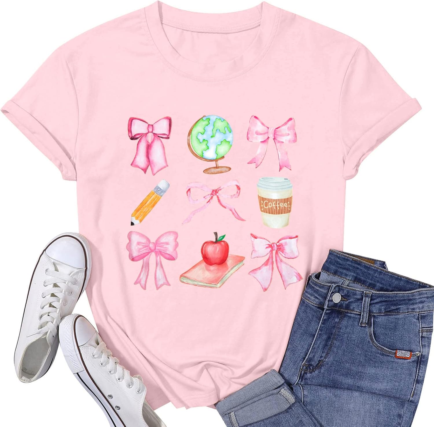 Teacher Shirts Womens Bow Teacher Graphic Tees Cute Teacher Appreciation Gifts Shirt Summer Casual Short Sleeve Tops