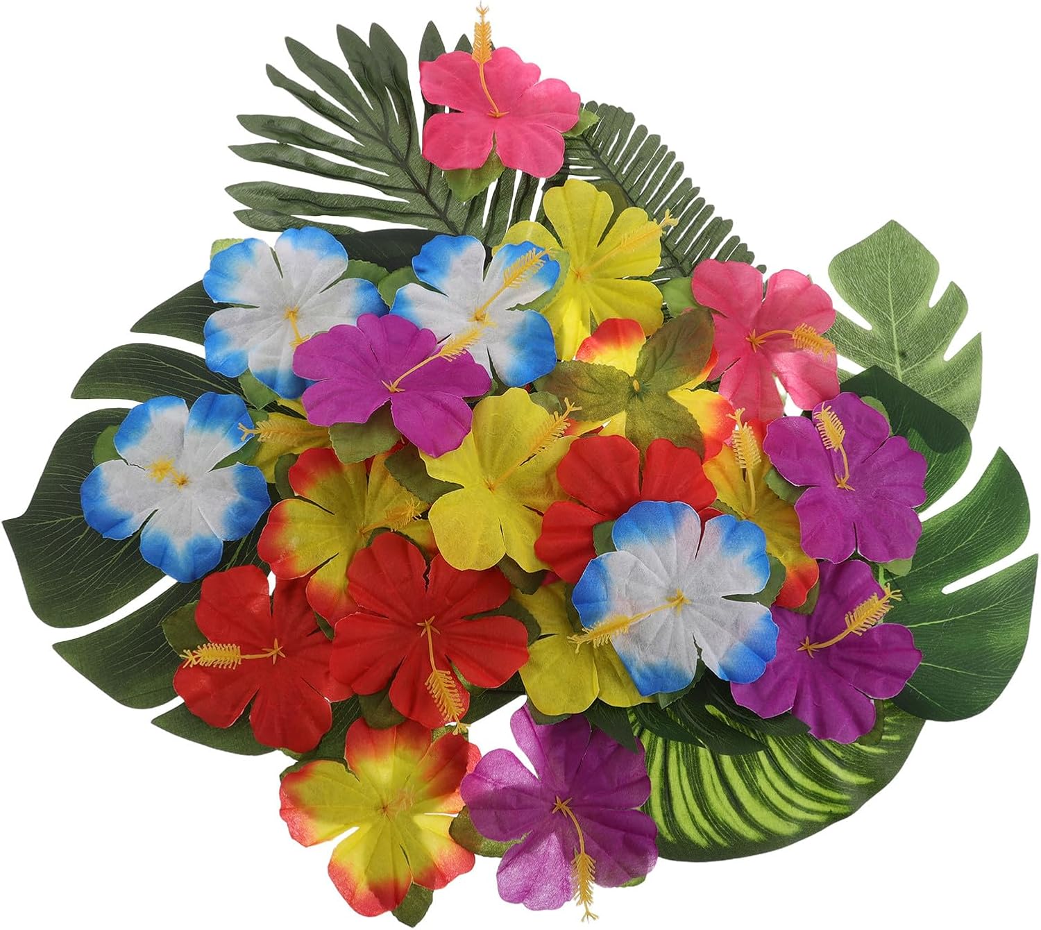 NUOBESTY 112pcs Artificial Palm Leaves with Stems Tropical Party Table Decorations Fake Hibiscus Flowers Monstera Leaf for Jungle Dinosaur Birthday Decor, Hawaiian Luau Supplies