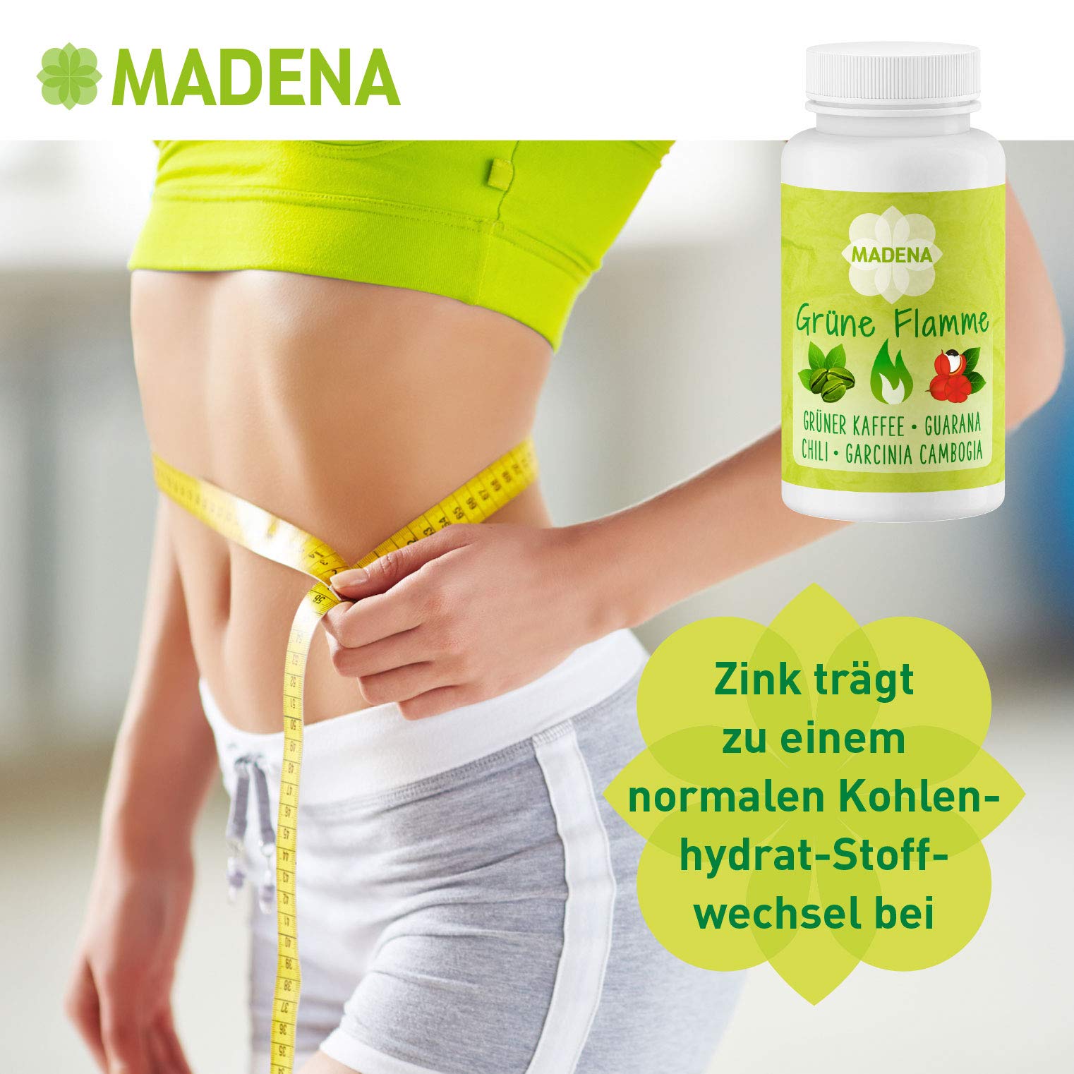 MADENA Grüne Flamme | hochdosiert in Apothekenqualität | Grüner Kaffee Extrakt Guarana Konjakwurzel Garcinia Cambogia + Chili Extrakt L-Carnitin 100 Kaps.