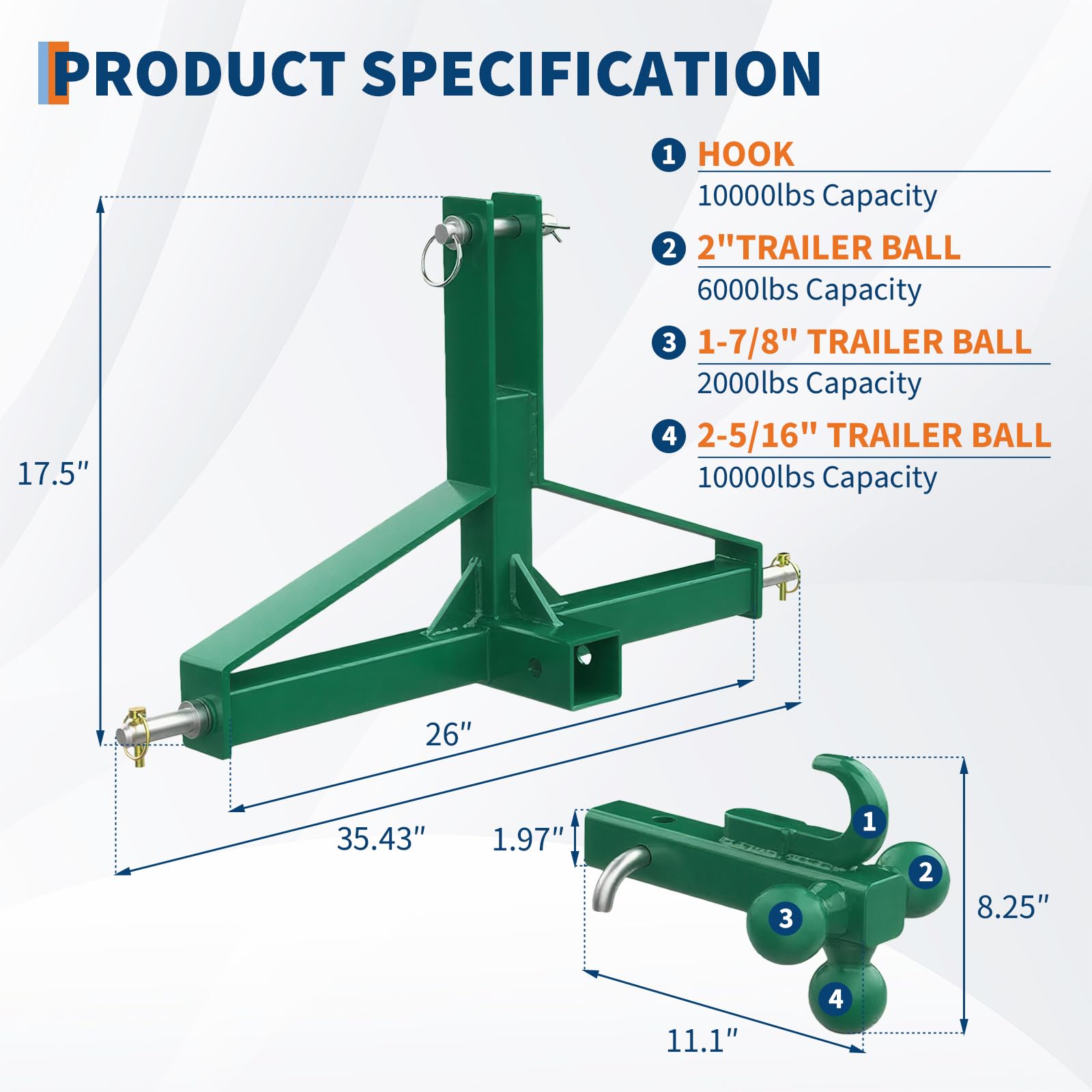 Attelage de remorque à 3 points de catégorie 1 pour tracteur avec triple rotule, attelage lourd de 4,5 kg avec récepteur de 5,1 cm, adaptateur polyvalent pour l'agriculture et le jardin
