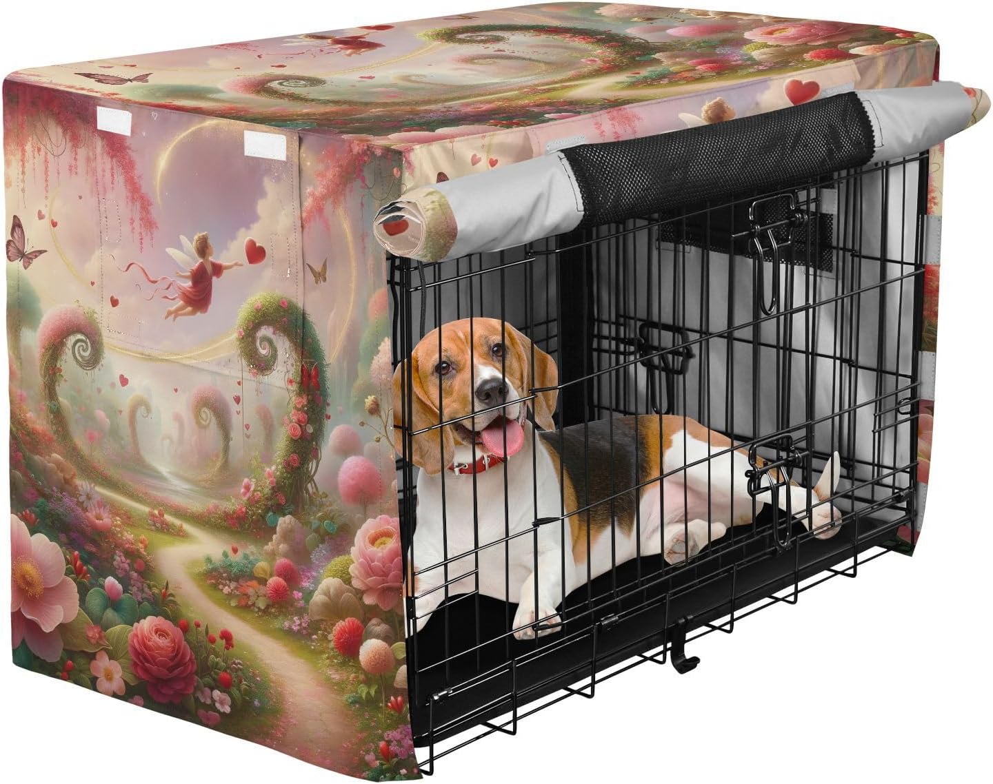 Garden Pink Dog Crate Covers Mesh Window Panels, Pet Kennel Cover with Mesh Windows, Large