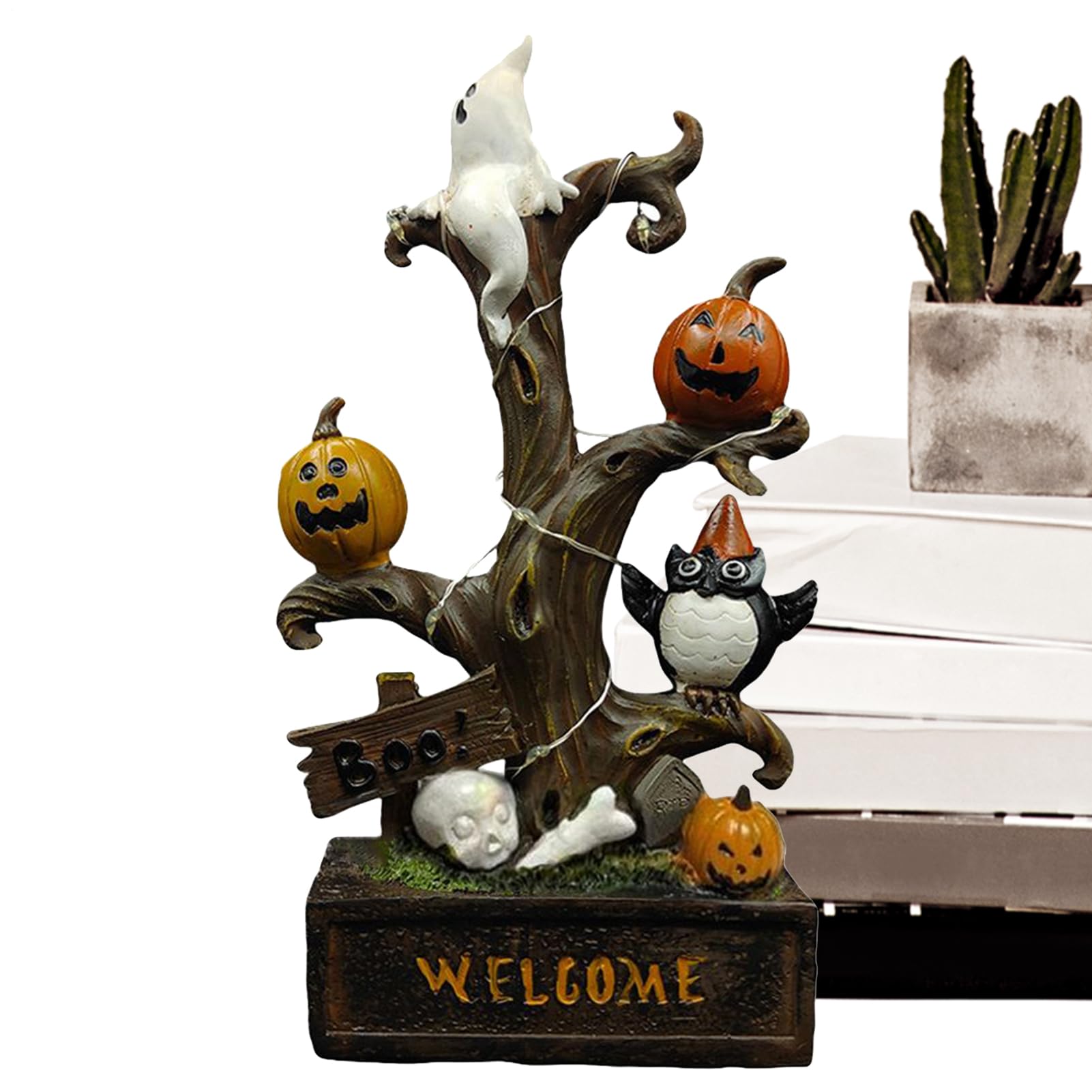 Décoration cheminée avec cet arbre fantôme de Halloween en résine et sa chouette