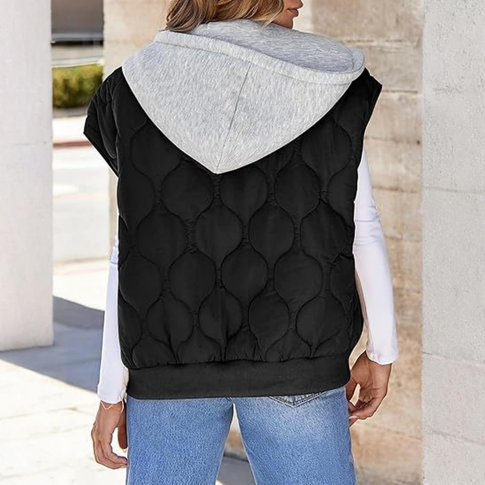 Generisch Steppweste Damen Leicht Mit Kapuze Weste Damen Ärmellos Kurz Westen Casual Warm Winter Herbstjacke Elegant Wasserdicht Übergangsjacke Patchwork Hoodie Damenweste Mit Reissverschluss