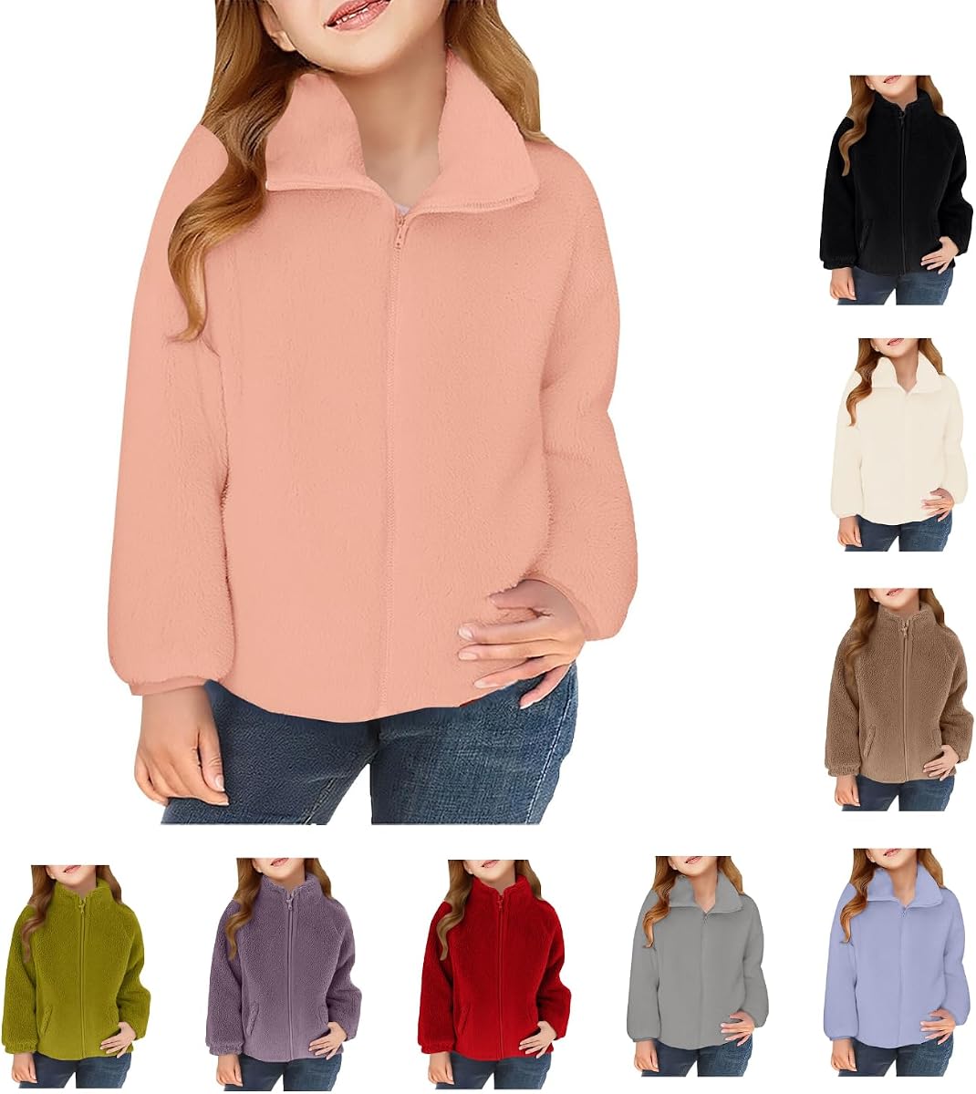 Girls Fleece Jacket Full Zip Fall Winter Warm Soft Sherpa Coat Outwear with Pockets