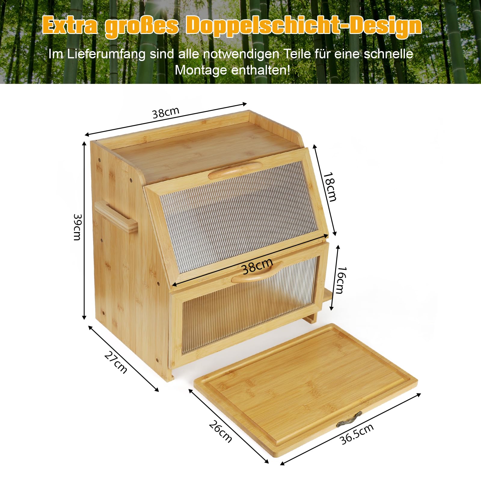 Brotkasten Bambus, Doppelte Schicht Brotbox mit Schneidebrett und Sichtfenster, Brot Aufbewahrungsbox Brotbehälter für Hörnchen, Brötchen, Brotaufbewahrung, 38 x 27 x 39 cm, Natur