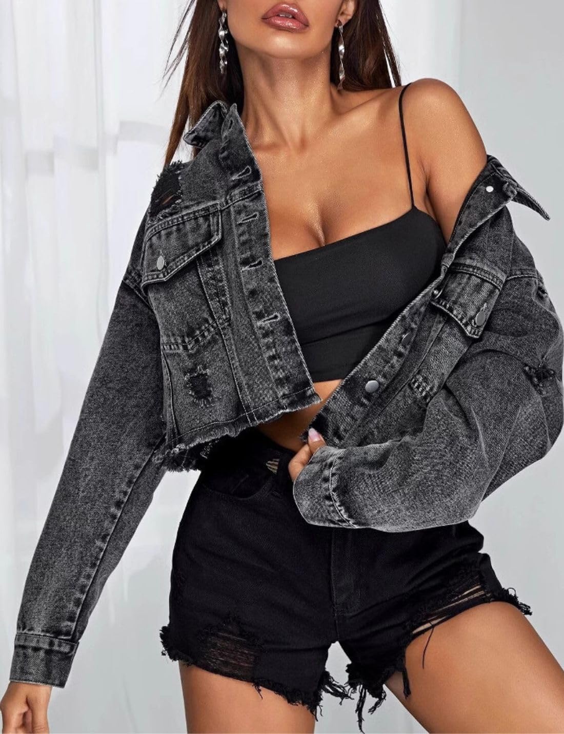 Kwoki Womens Denim Jacket Frayed Washed Cropped Long Sleeve Button Jean Coat With Chest Pocket