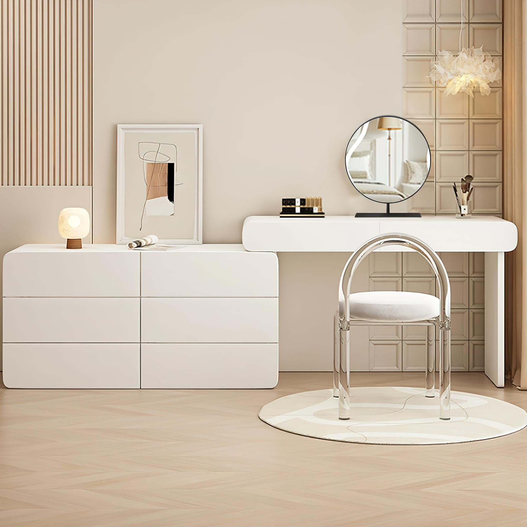 Contemporary Extendable Makeup Vanity Desk, Modern Vanity Table with 8 Drawers, Transparent Acrylic Chair, Minimalist Makeup Desk for Bedroom. Office