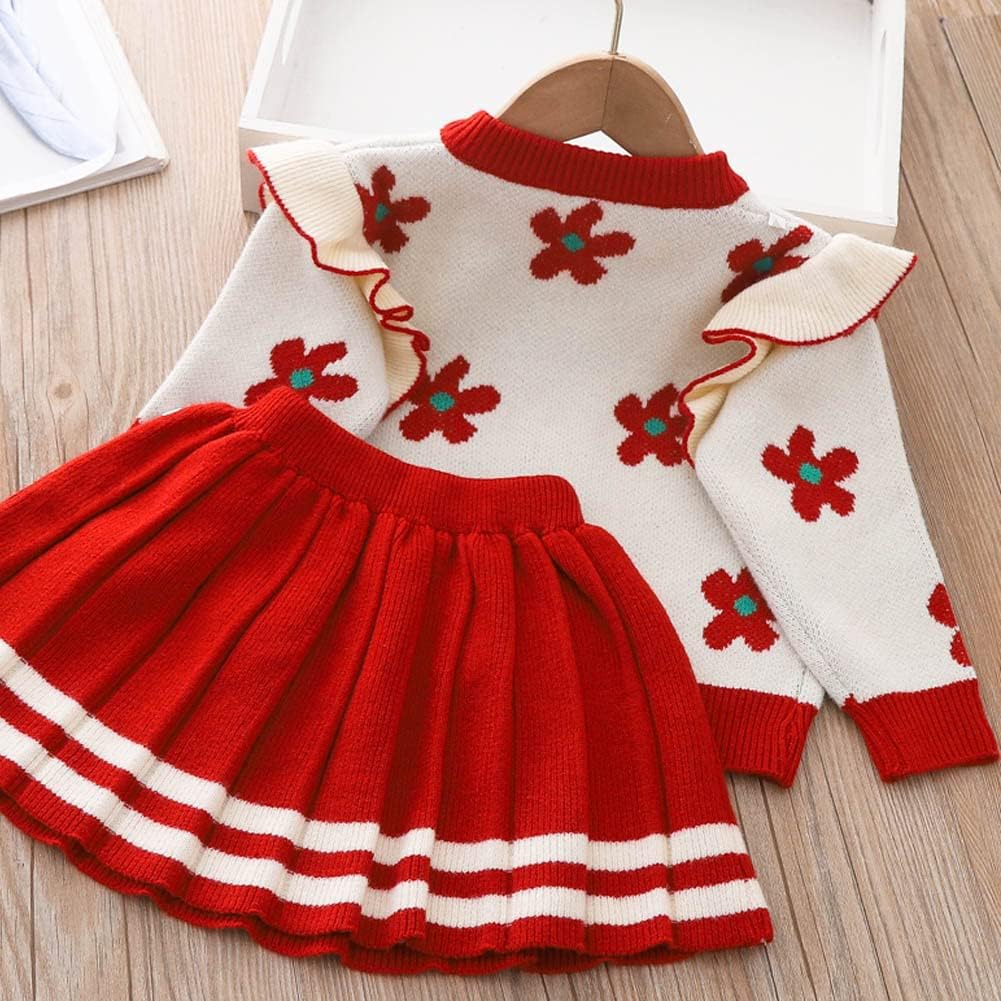 Girls Autumn Winter Outfit Knitted Sweater Dress Set Baby Girls Sweater Tops Mini Skirt Set Red D 18-24 Months