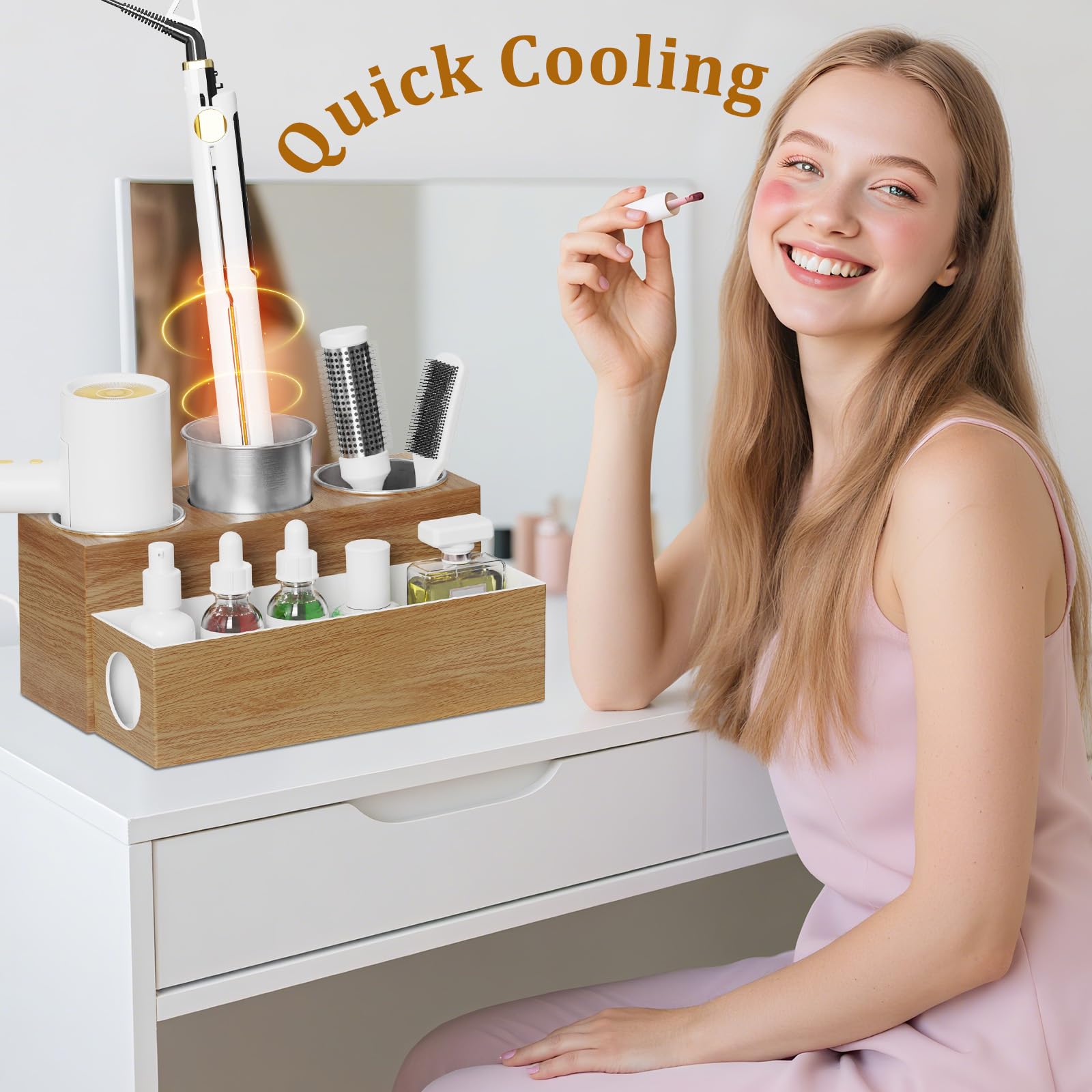 BYUNER Organizzatore per strumenti per capelli, supporto per asciugacapelli, per tavolo da toeletta, asciugacapelli e piastra per bagno, supporto portaoggetti (venature del legno)
