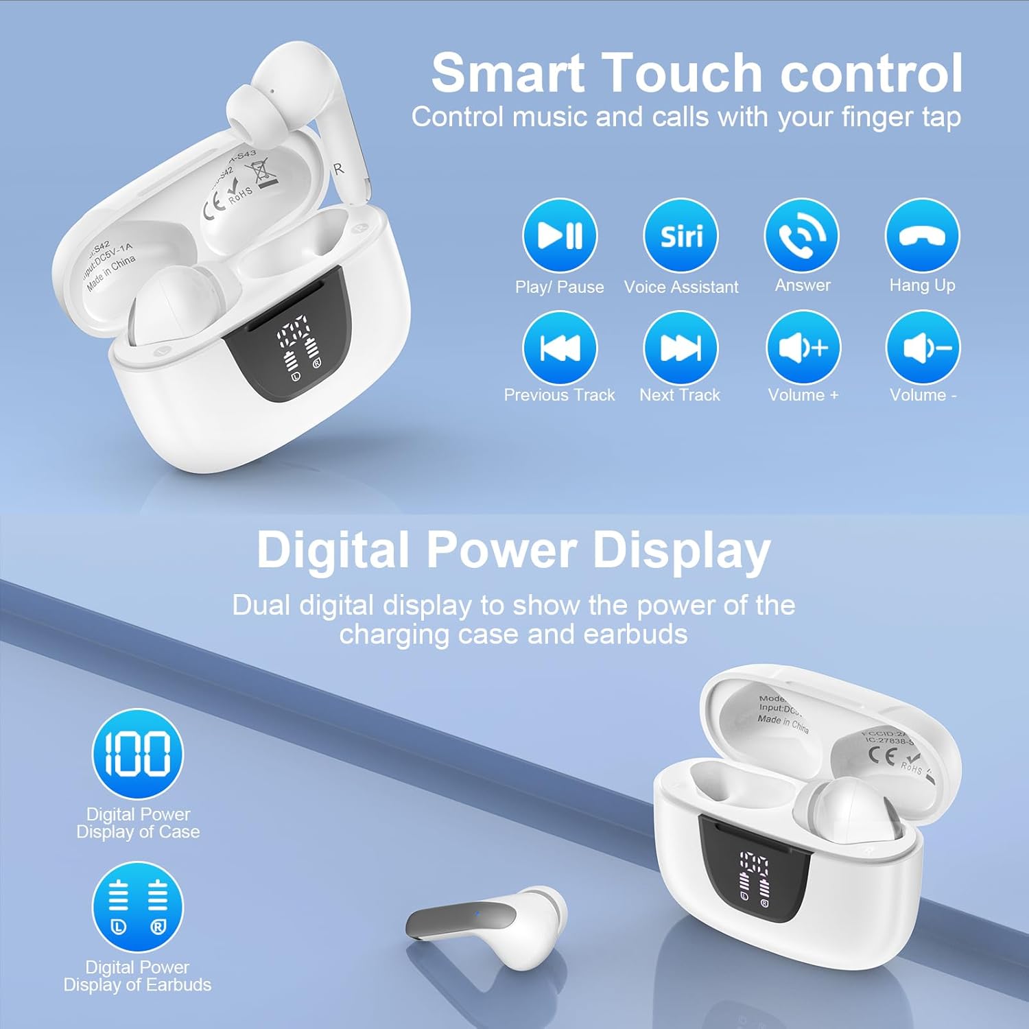 Samsung Wireless Headphones,Bluetooth 5.3 Earbuds for Galaxy A17 A16 5G/A56/A36/S25 FE/S25 Edge Ultra/S24/S23/S22/S21/S20, 60H in Ear Buds Noise Cancelling IPX7 Waterproof LED Earphones for iPhone 17