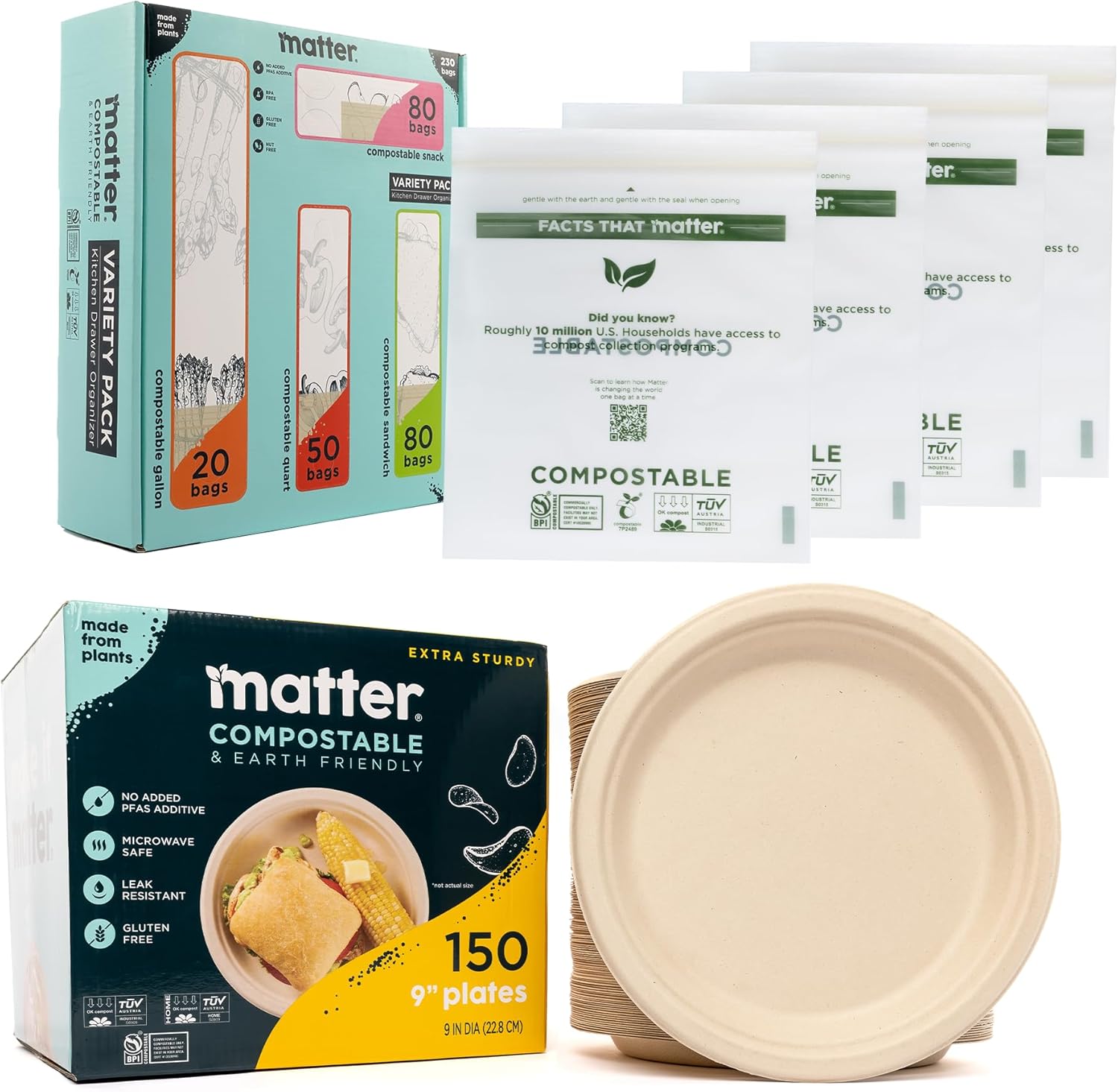 Matter Compostable Premium Assorted Kitchen Bags (230ct) and 9" Fiber Plates (150ct), Biodegradable, Eco-Friendly Party Pack