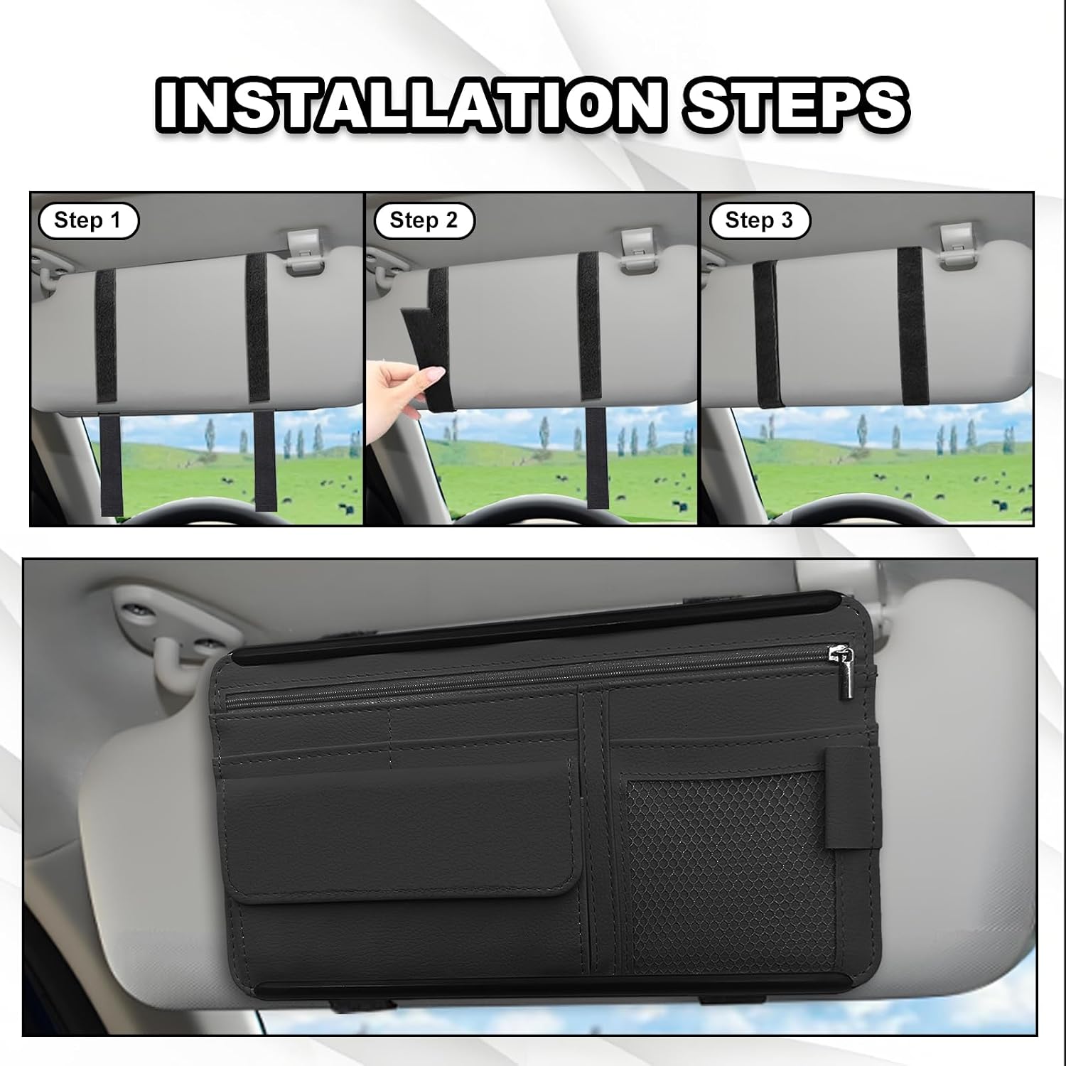Car Sun Visor Storage Bag, Soft Leather Surface Organizer, Scratch-Resistant Auto Sunshade Organizer Bag, Can Store ID Card, Eyeglasses, Pen, Driving License etc (Black)