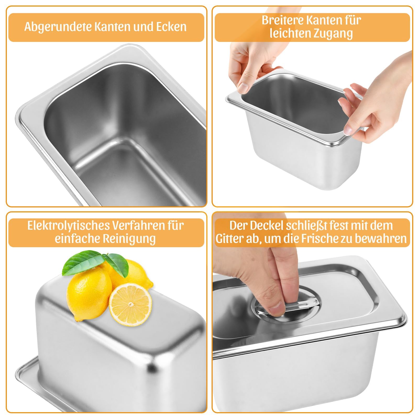 Lot de 4 Bac Gastronorme GN 1/9 avec Couvercle, Récipient Alimentaire en Acier Inoxydable 176x108x100mm, Plat Inox pour Chafing Dish et Restauration
