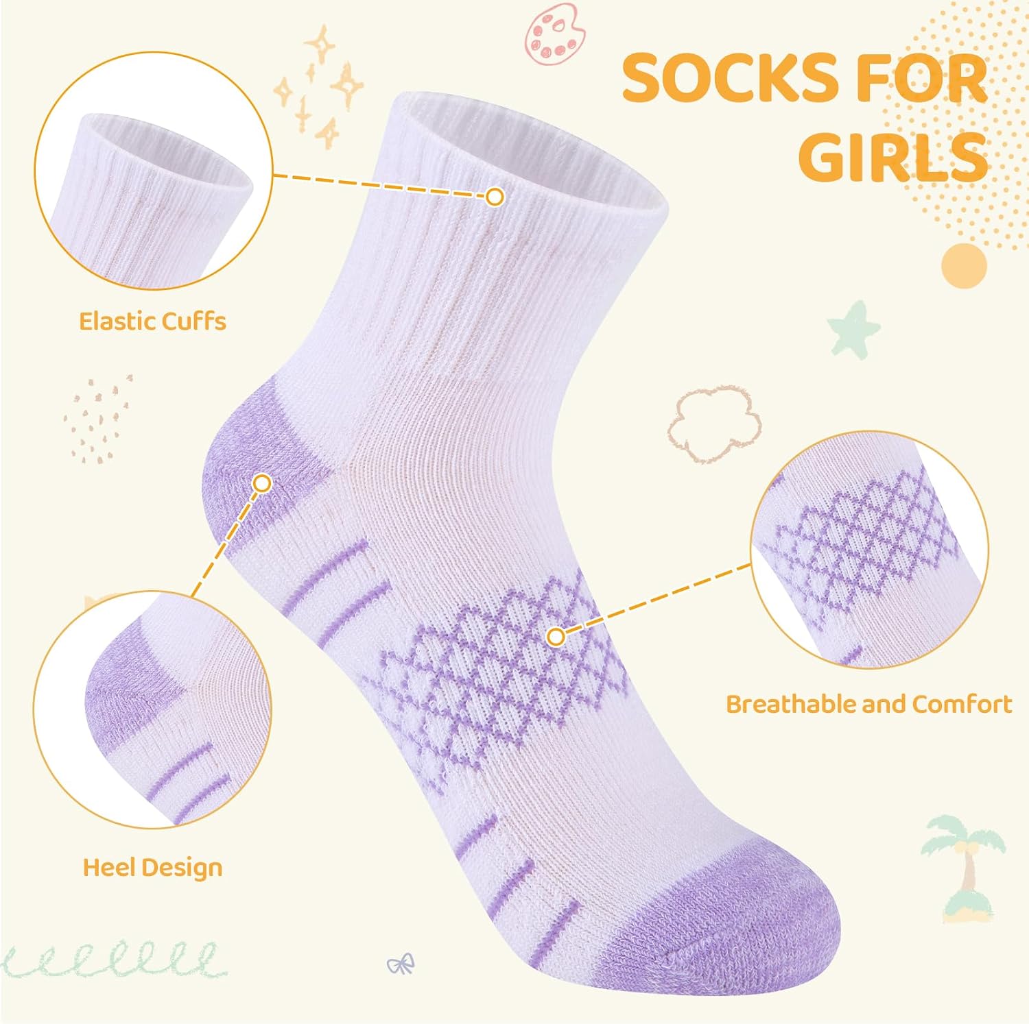 Comfoex Girls Quarter Socks Crew Athletic Socks For Little Big Kids 4-7 8-10 Years Old With Cushioned Sole 10 Pairs