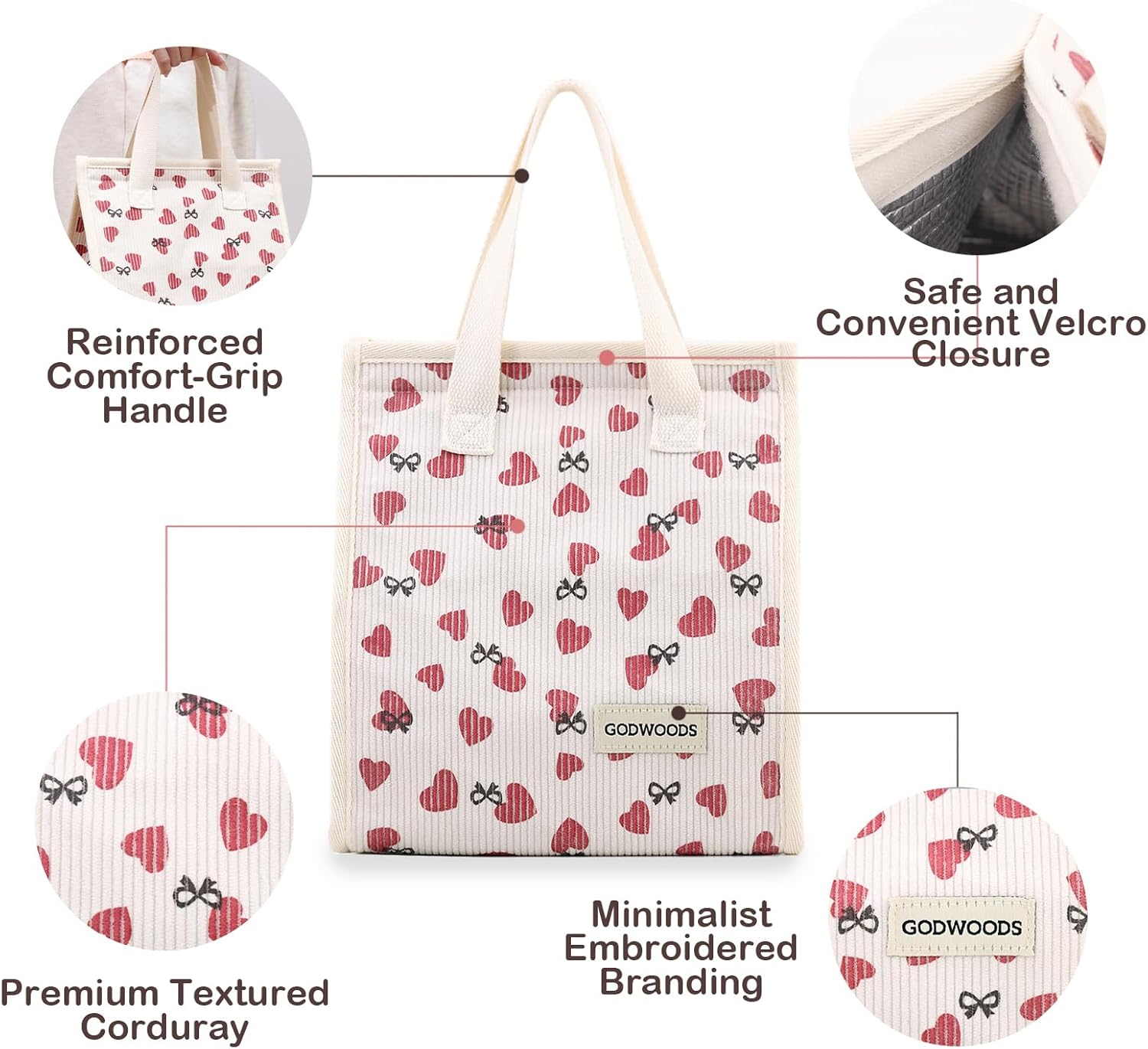 TELLUMO Corduroy Lunch Bag for Women Men Cute Lunch Bag Insulated Lunch Box with Large Capacity (7.5L) Reusable Lunchbag for Work, Picnic, Beach or Travel (S- Corduroy Love) - Image 5