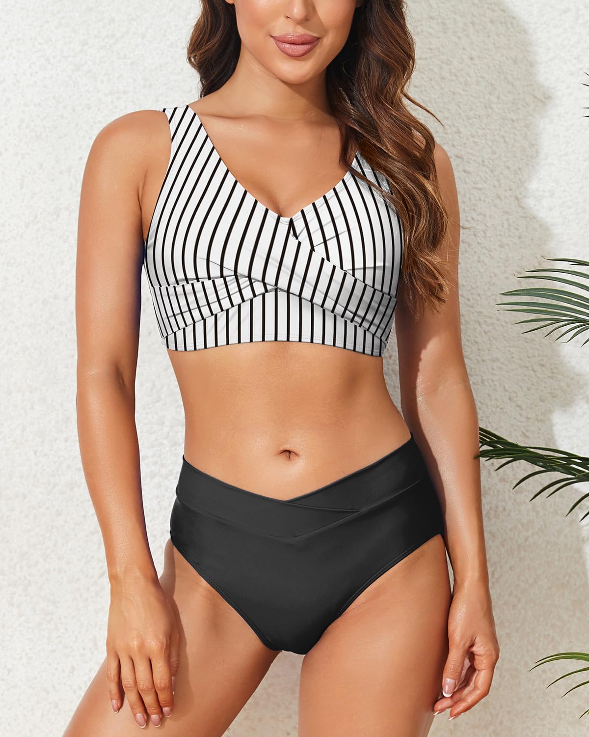 Limeeke Bikini da donna a vita alta, con allacciatura sul davanti, due pezzi, con lacci sul retro