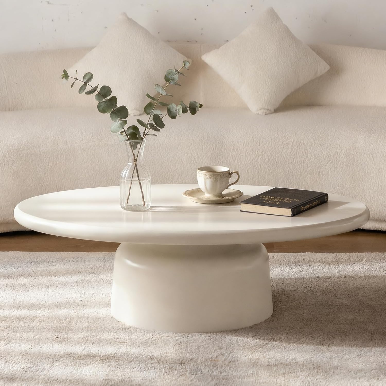 Modern Round Coffee Table White for Living Room, 31.5" Funky Circle Pedestal Coffee Table Minimalist Cream Circular Pedestal Coffee Table Small Drum Circular Center Table TeaTable