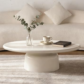 Oval Coffee Table for Living Room Modern Small Cream Low Center Table Minimalist Pedestal Tea Table Unique Narrow Cocktail Table with Thickened Tabletop for Small Space Office