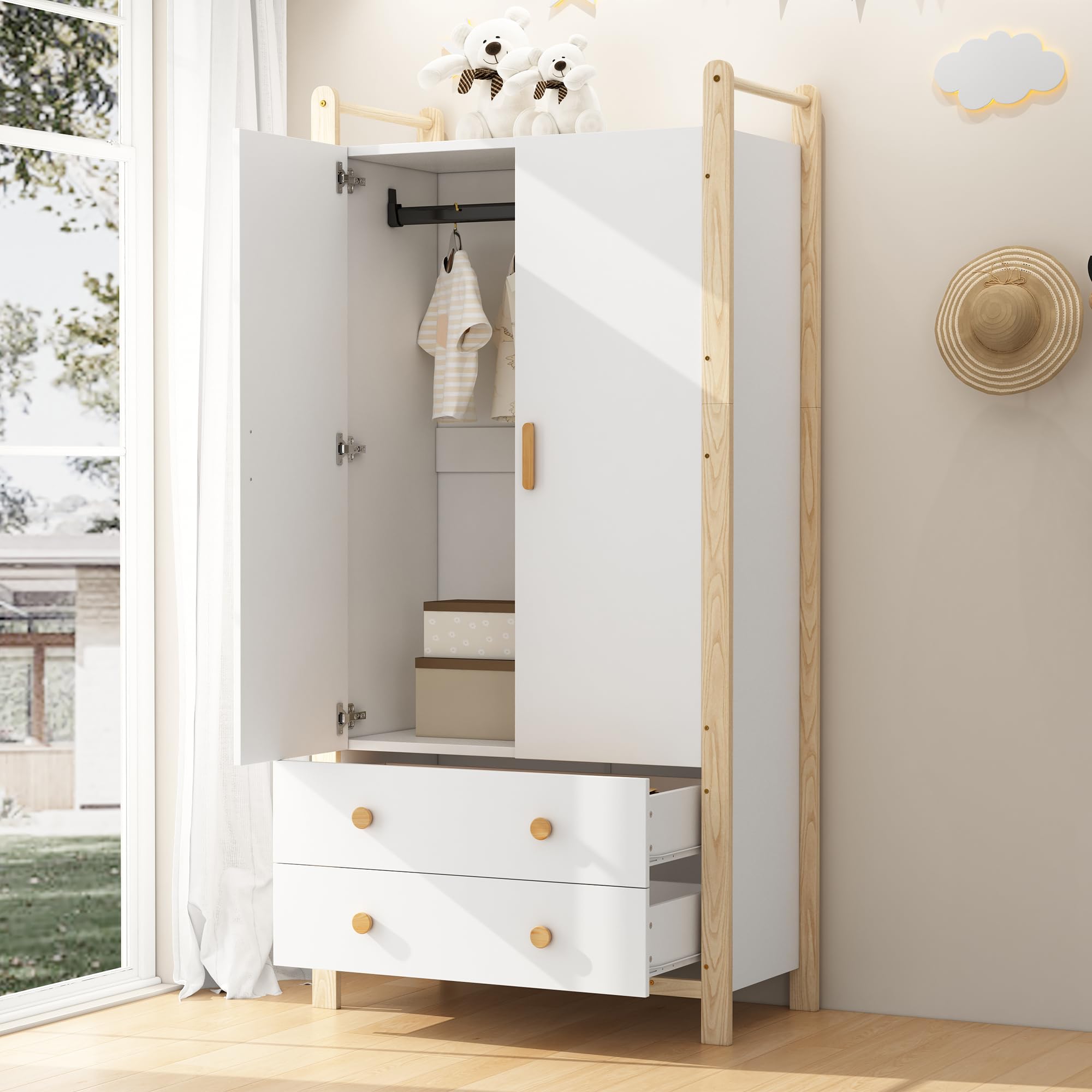 BTM Kleiderschrank 2 Türig mit Schubladen Kinderzimmer Kleiderschrank mit Stange Schlafzimmerschrank Flurgarderobe Weiß