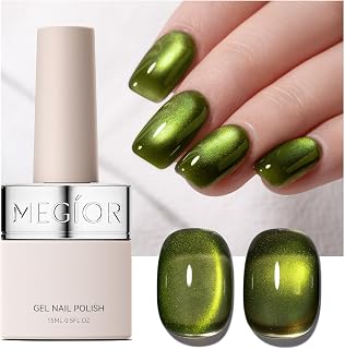 MEGIOR Aurora Green Cat Eye Gel Nail Polish 15 ML Glitter Holographic Magnetic Velvet Green Gel Polish with Magnet Soak Off UV/LED Nail Art Salon Manicure DIY at Home