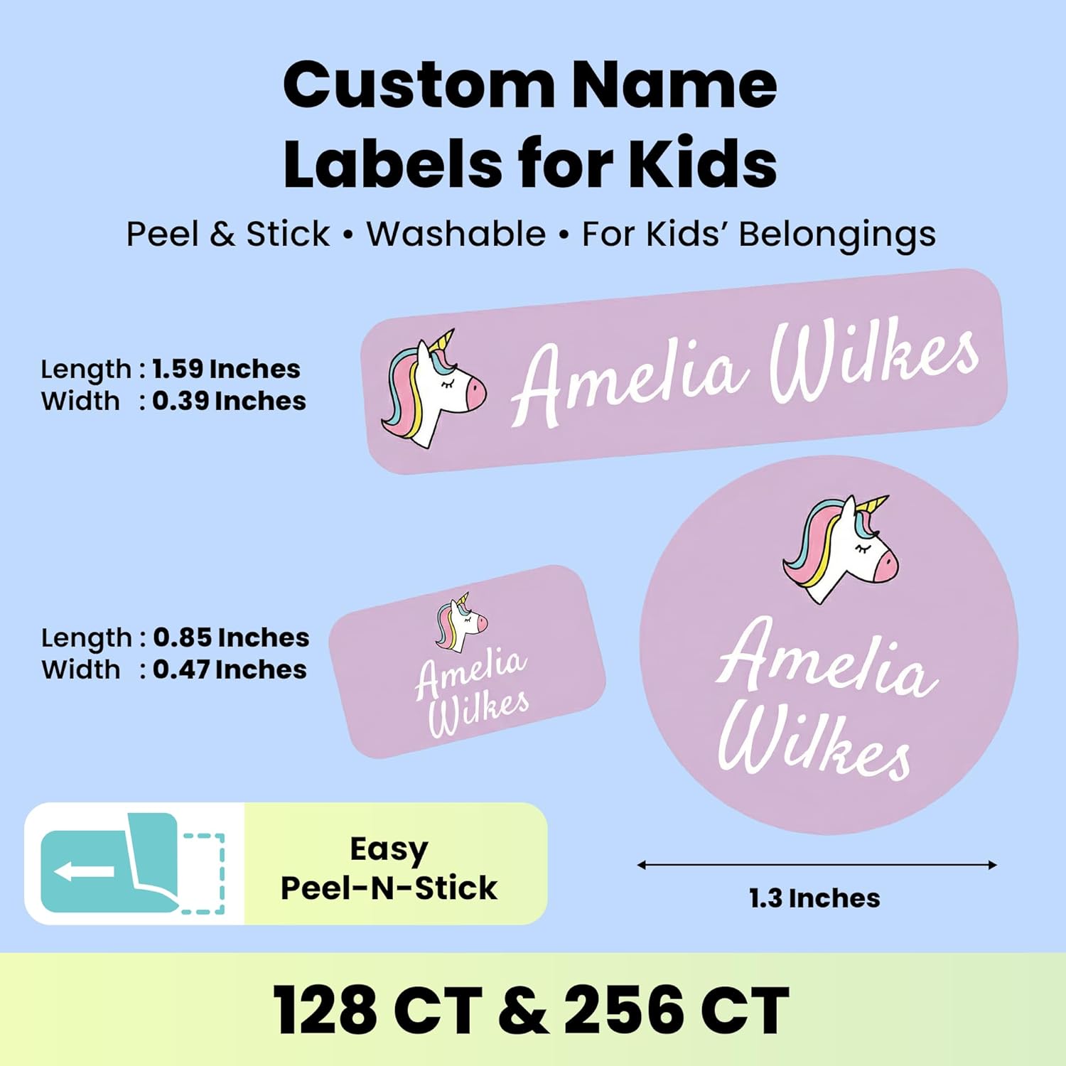 Label Daddy Personalized Name Labels for Girls – Washable Custom Name Tags – Premium Waterproof Labels for School, Clothing, Lunch Boxes, Summer Camps & More – 128 Ct & 256 Ct | Unicorn Design