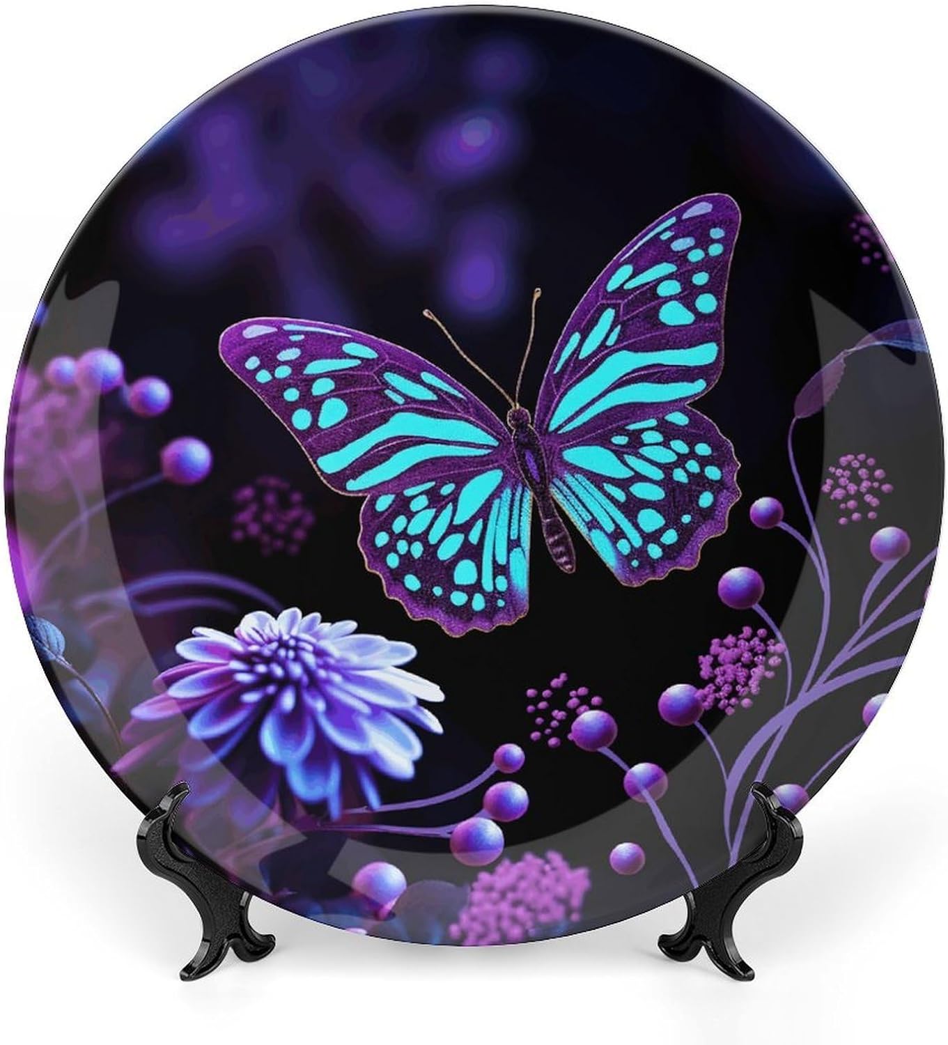 Purple Butterfly And Flowers Decorative Plates Bone China Plates with Stand for Display 8inch Round Ceramic Dinner Plates Dessert Plate for Kitchen Party Coffee Table Decor Art