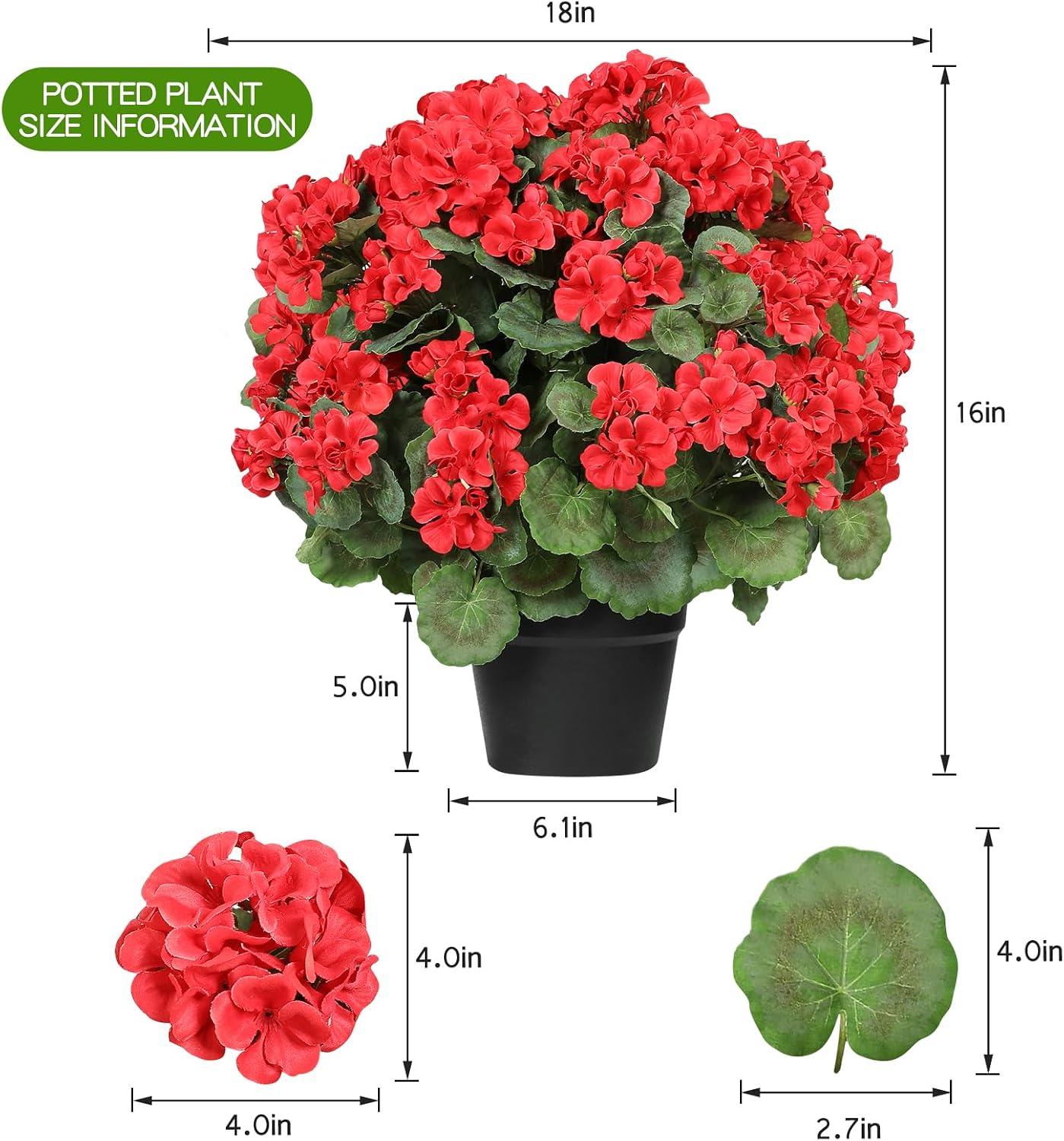 2pcs Artificial Geranium Flower Potted for Outdoor 16in UV Resistant Silk Fake Geranium Flowers Realistic Faux Plants for Porch Patio Balcony Garden Farmhouse Home Decor (2, Red)