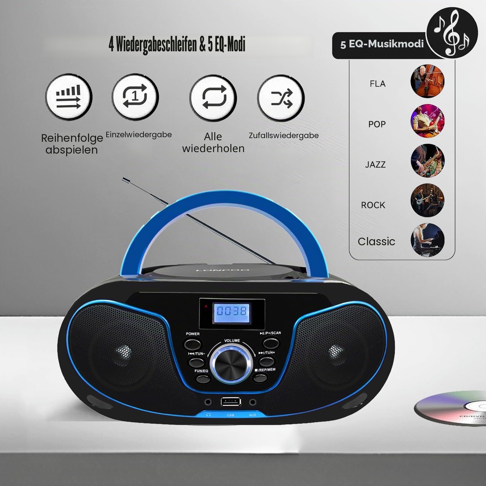 Tragbar CD Player Boombox Bluetooth - mit UKW Radio, USB Eingang & AUX & Kopfhörern Ports, Stereoanlage Music System (LP-D02)