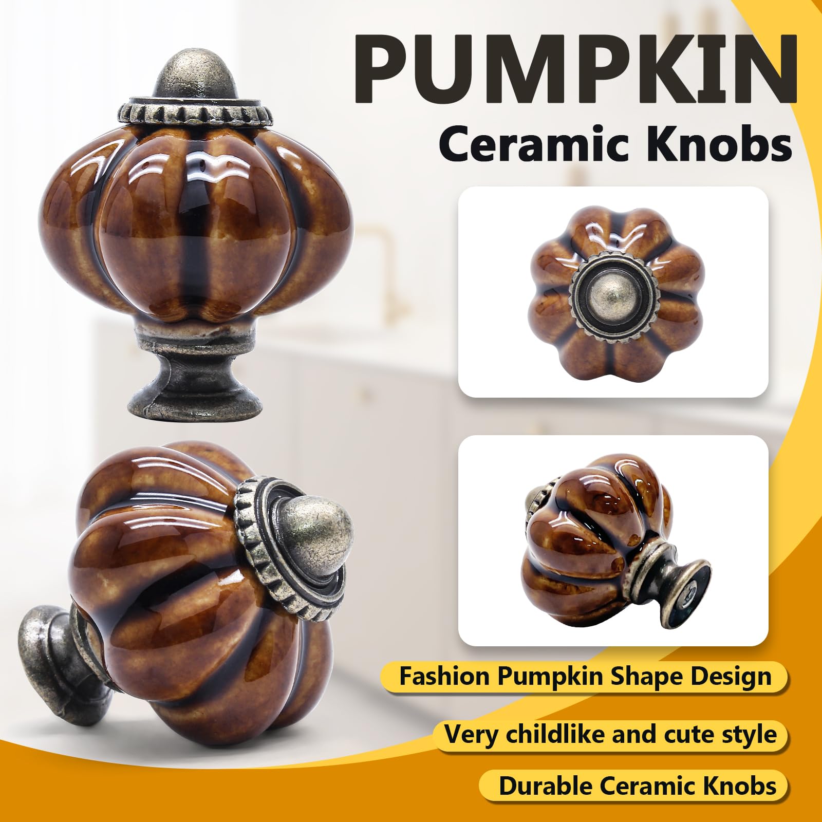 Confezione da 12 pomelli in ceramica marrone a forma di zucca, per armadietti, cassettiere, vintage, per mobili da toletta e armadio