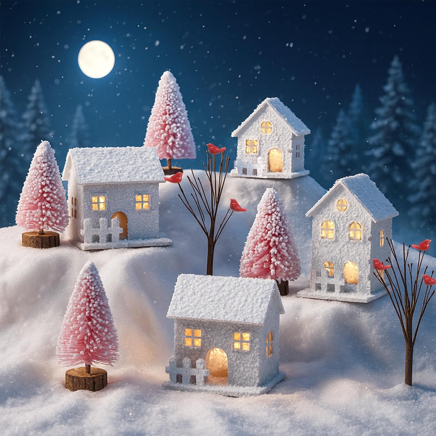 10 Pcs Pink Christmas Village Sets with Tea Light Christmas Decorations 4 Village Row House 4 Pine Trees 2 Decayed Tree Xmas Holiday Farmhouse Rustic Decor for Home Table Room - Image 6