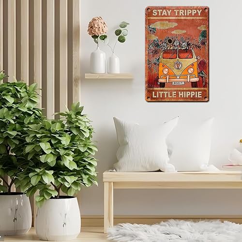 Miniatura 5 de YoyaVex Letreros de metal vintage con texto en inglés "Stay Trippy Little Hippie" de estilo bohemio para el hogar, cocina, jardín, dormitorio,