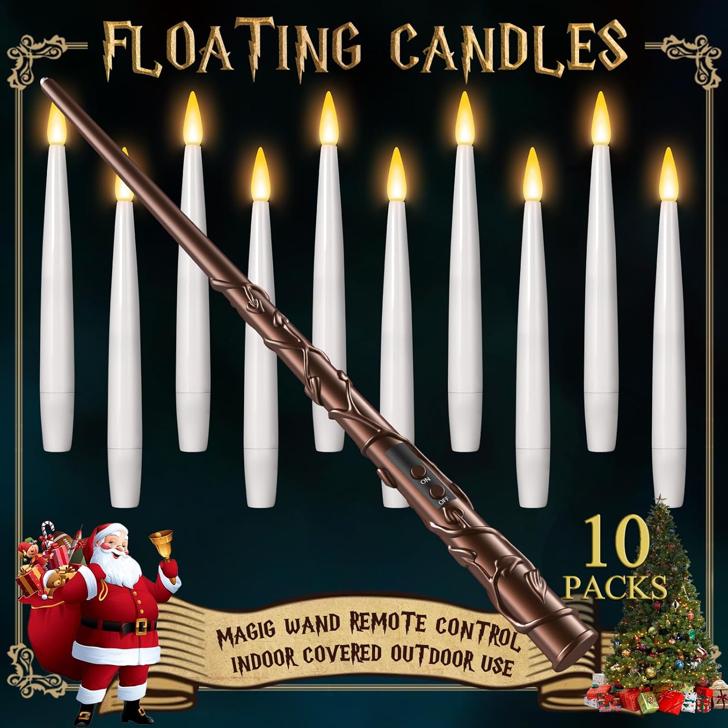 Floating Candles with Wand 10PCs – Magic Hanging Candles Christmas Decorations Flameless Taper Candles with Remote, Floating Lights Gifts for Window Home Bedroom Wedding Birthday Party Indoor Decor